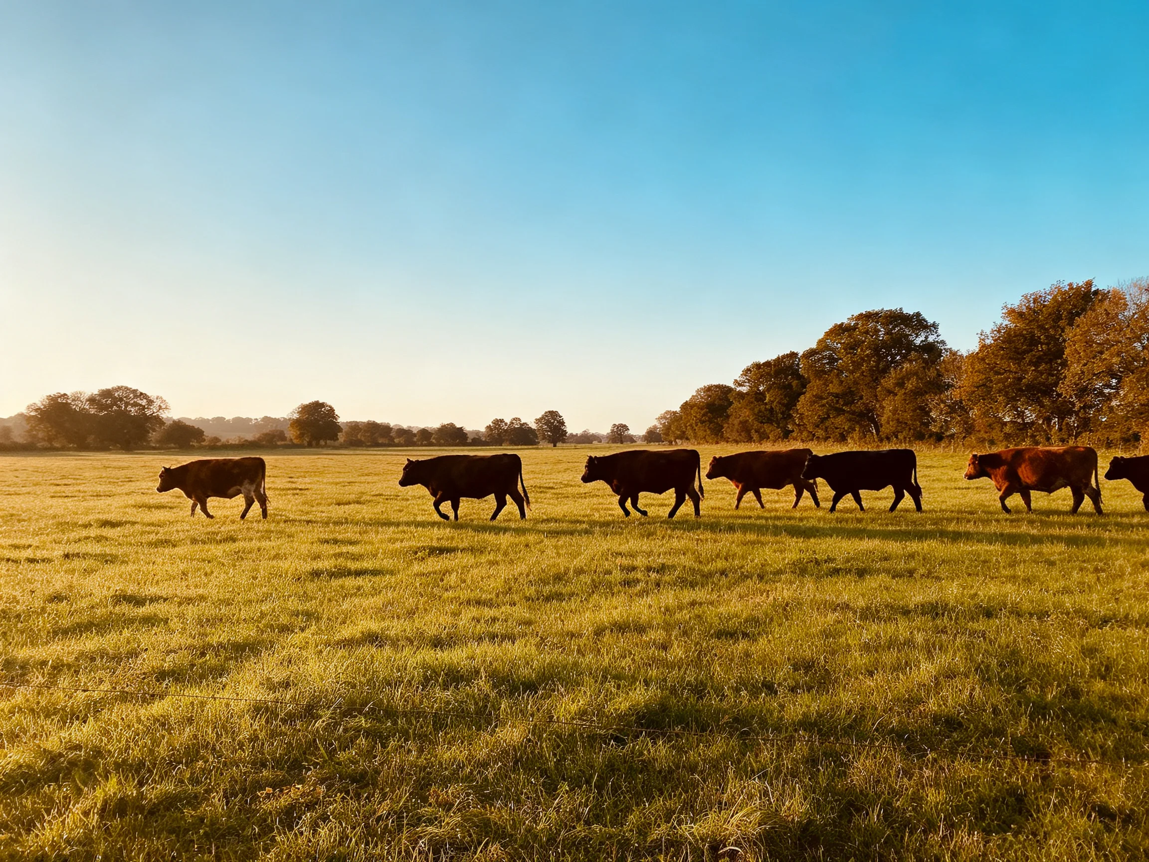 Eight brown cows traverse a sunlit green meadow with distant trees