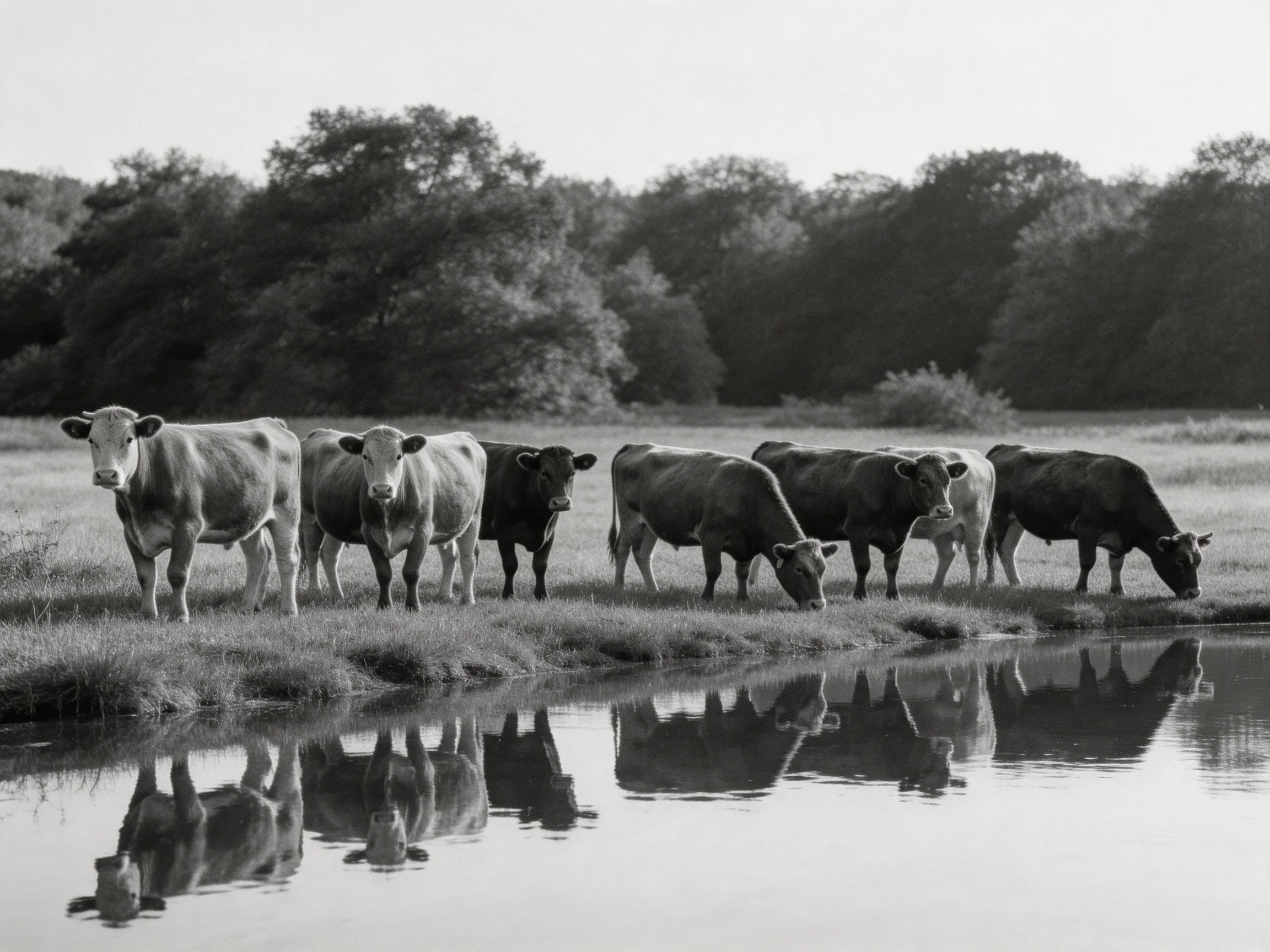 Eight cows gathered by a calm pond with forest backdrop