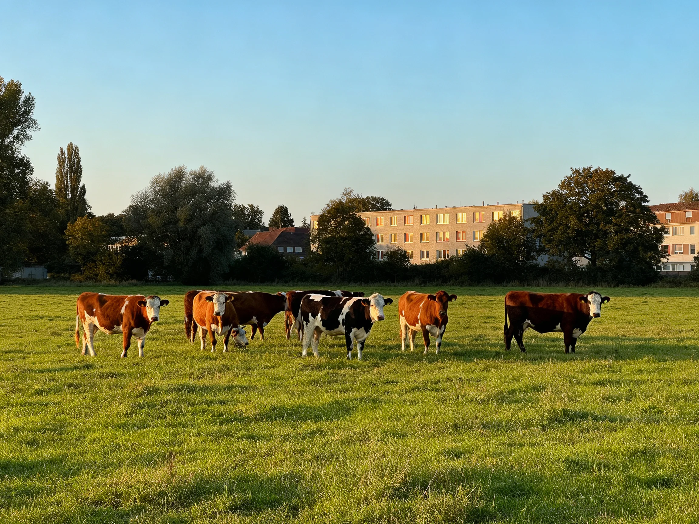 Eight cows graze in a lush green field near residential buildings