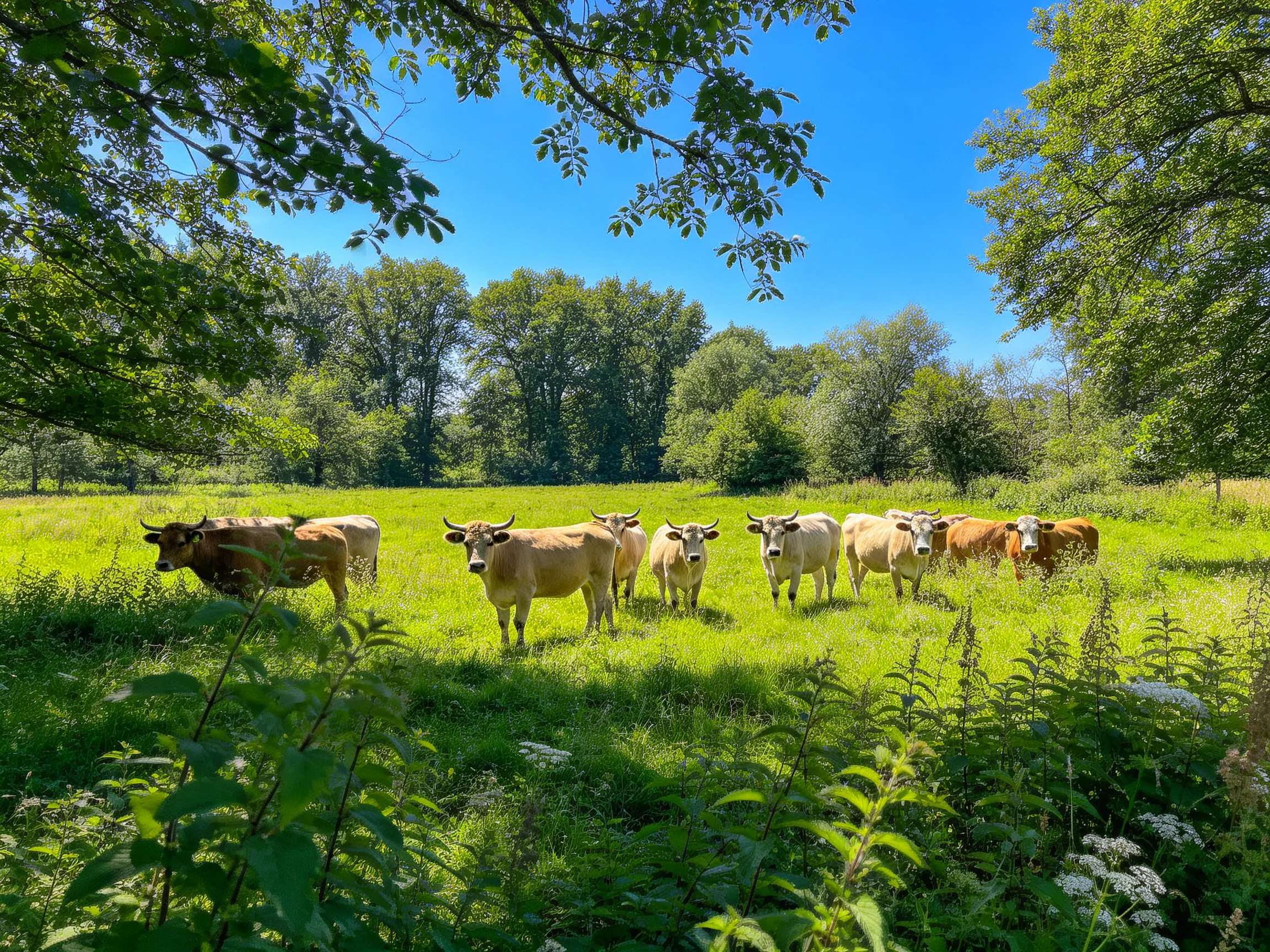 Eight cows graze in a lush green meadow with leafy trees