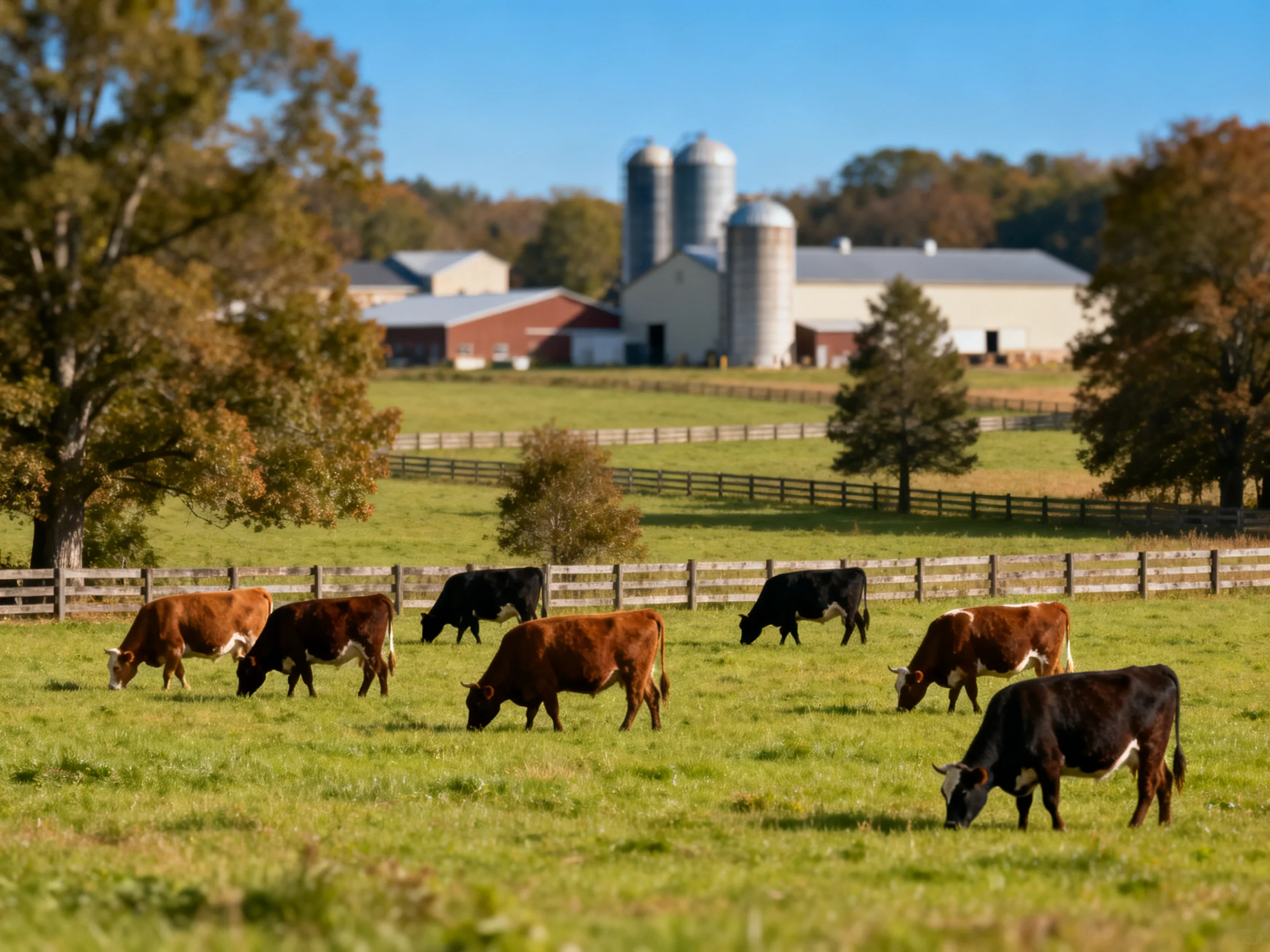 Eight cows graze in a lush green pasture near farm buildings