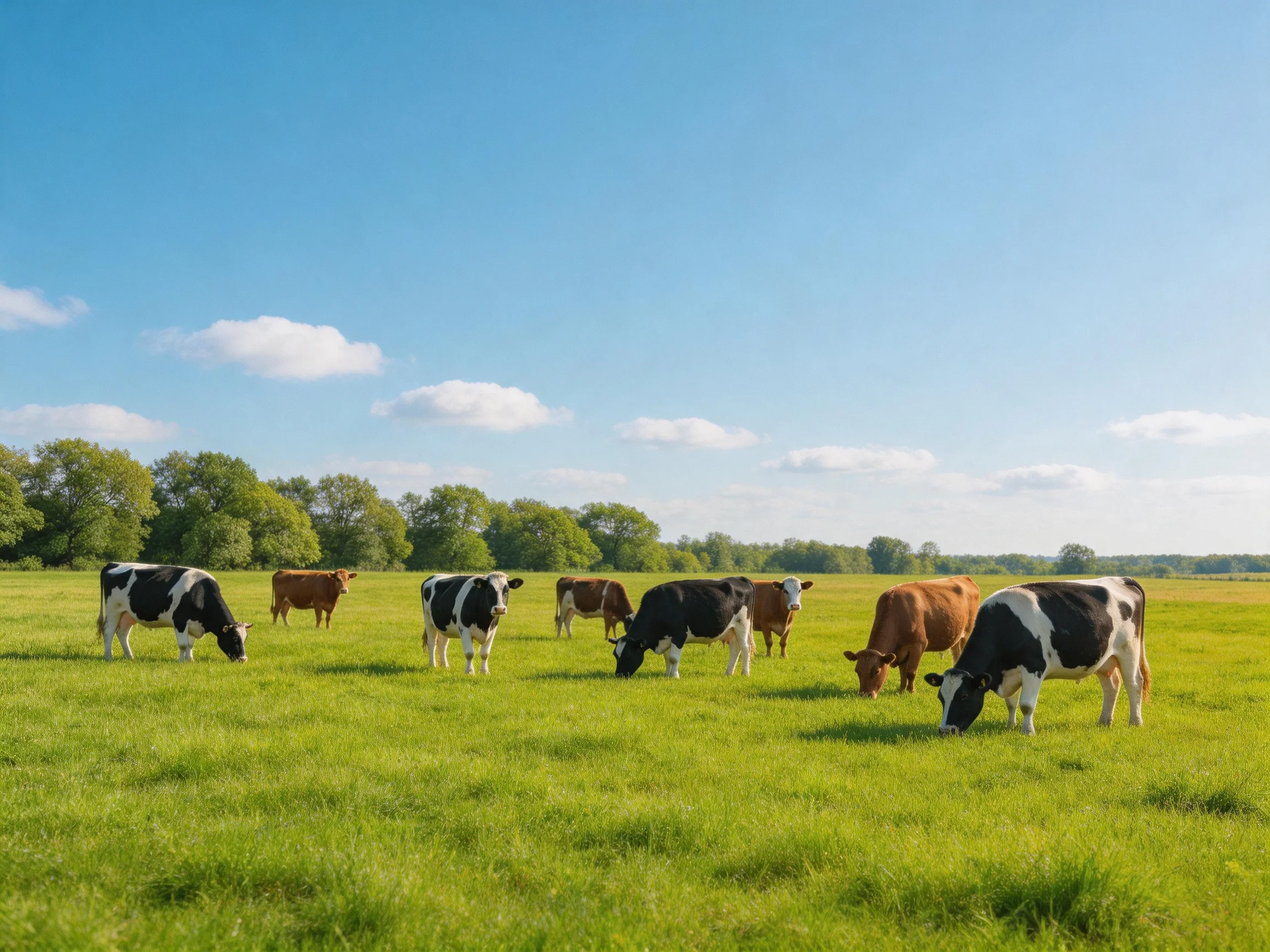 Eight cows graze in a lush green pasture under bright blue skies