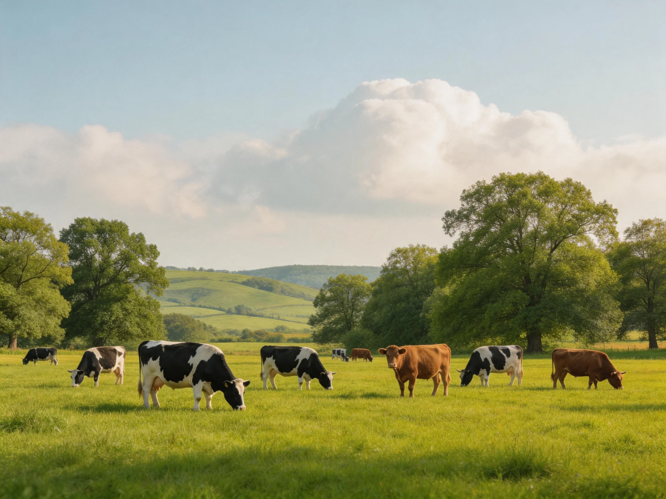 Eight cows graze in a lush green pasture with large trees
