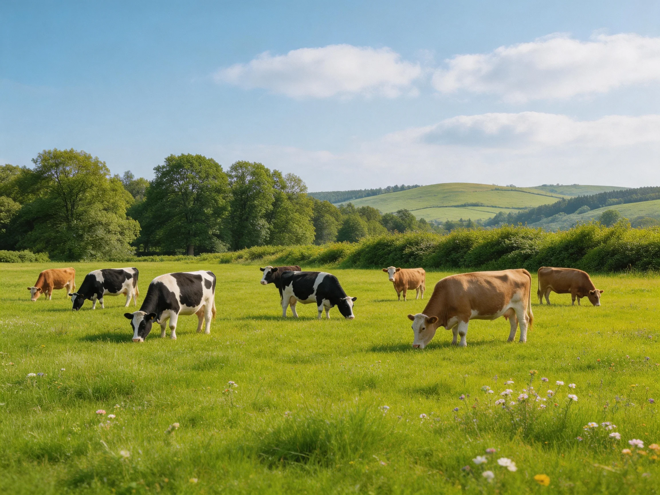 Eight cows graze in a lush green pasture with rolling hills