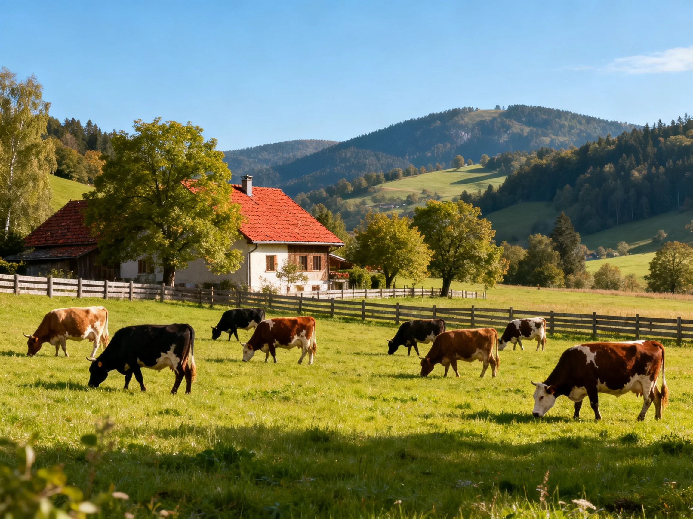 Eight cows graze in a lush meadow near a red-roofed farmhouse with rolling hills