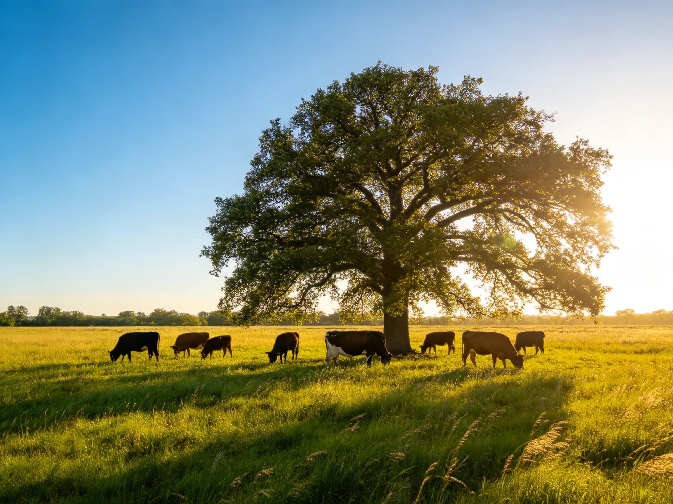 Eight cows graze near a massive oak tree in a sunlit green meadow
