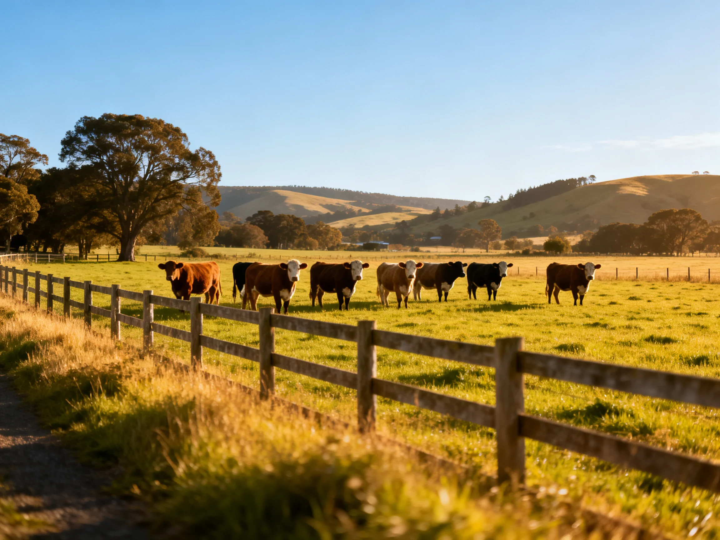 Eight cows graze near a wooden fence in sunlit fields