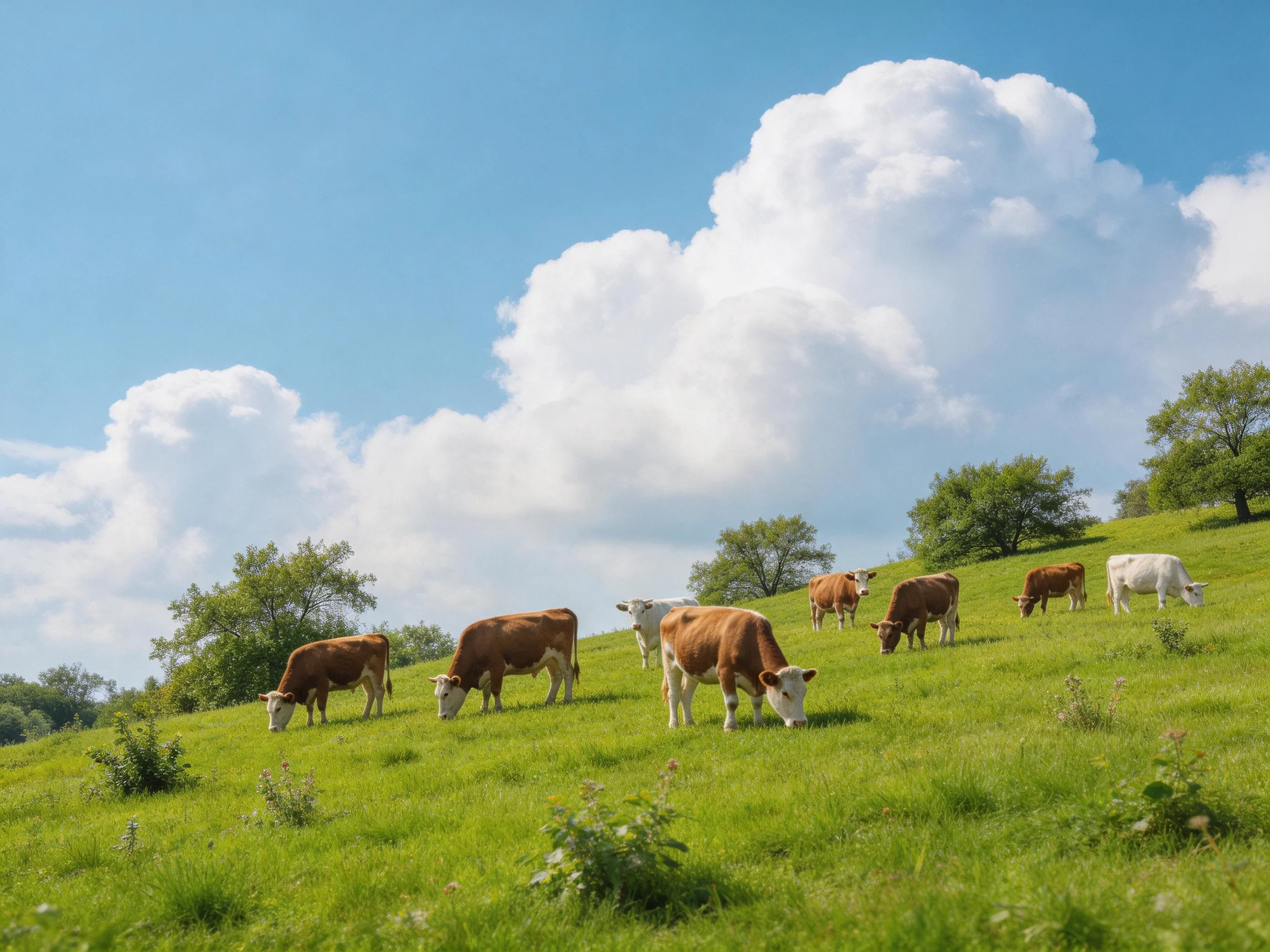 Eight cows graze on a lush green hillside beneath bright blue skies with white clouds