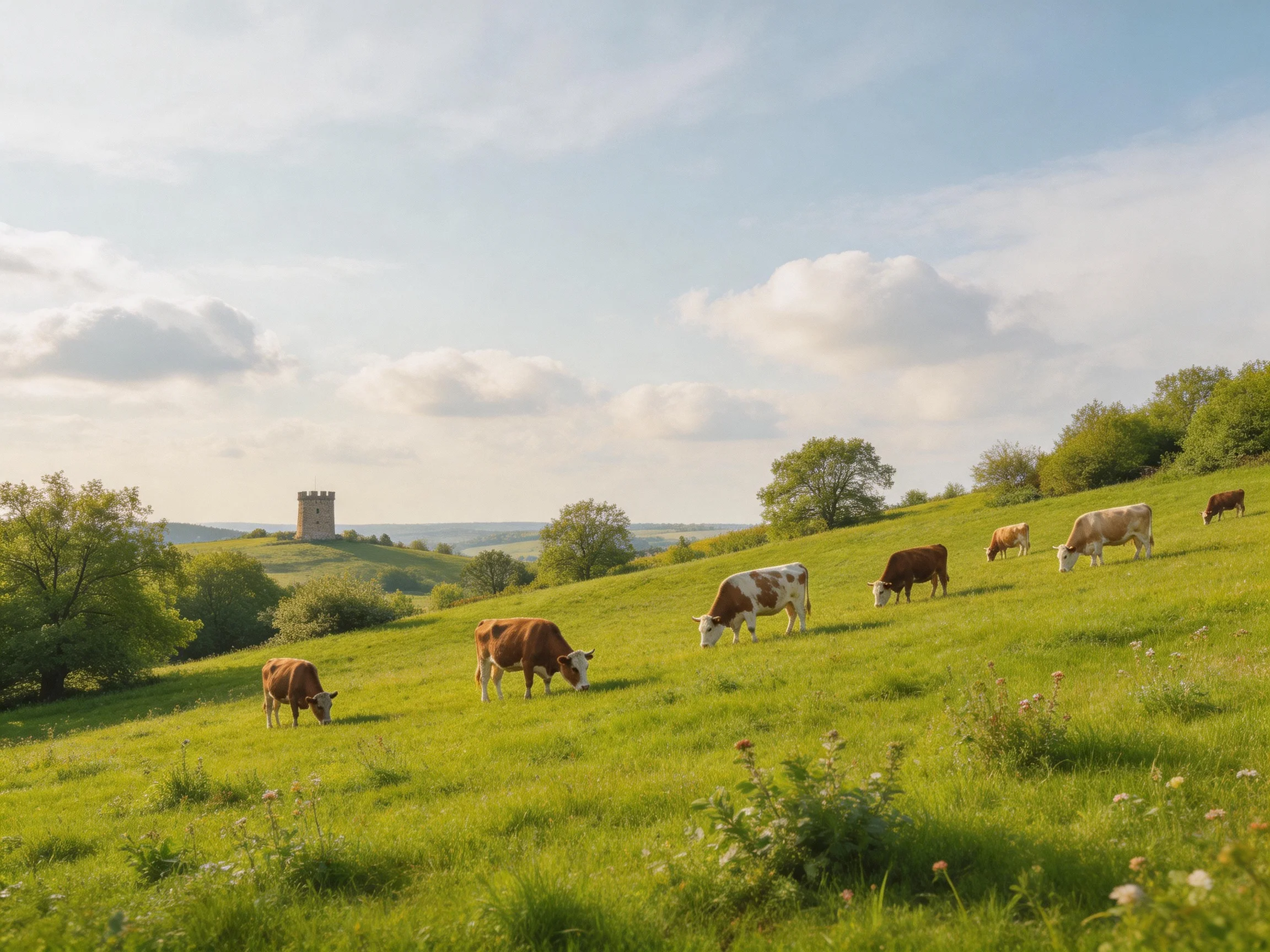 Eight cows graze on a lush green hillside with a historic tower