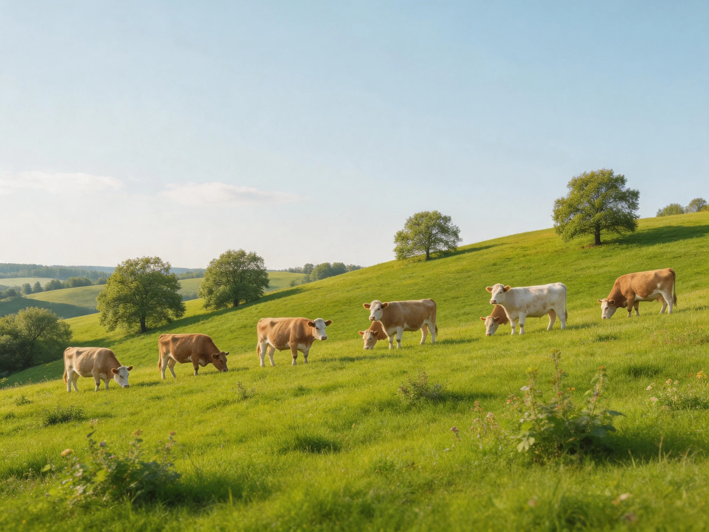 Eight cows graze on a lush green hillside with scattered trees