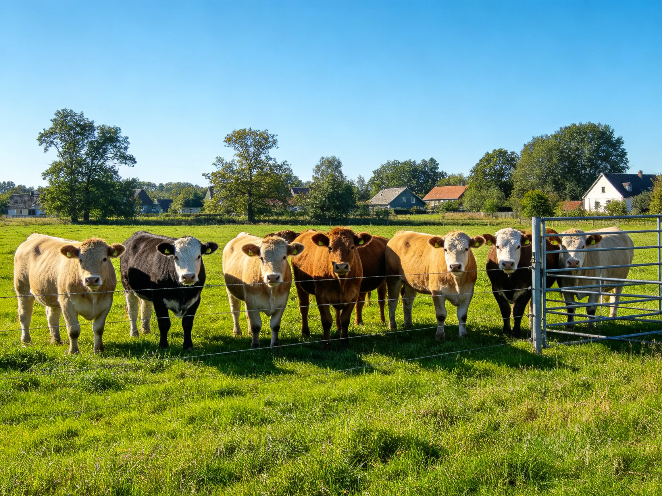 Eight cows of diverse colors gather near a metal fence in a lush green pasture