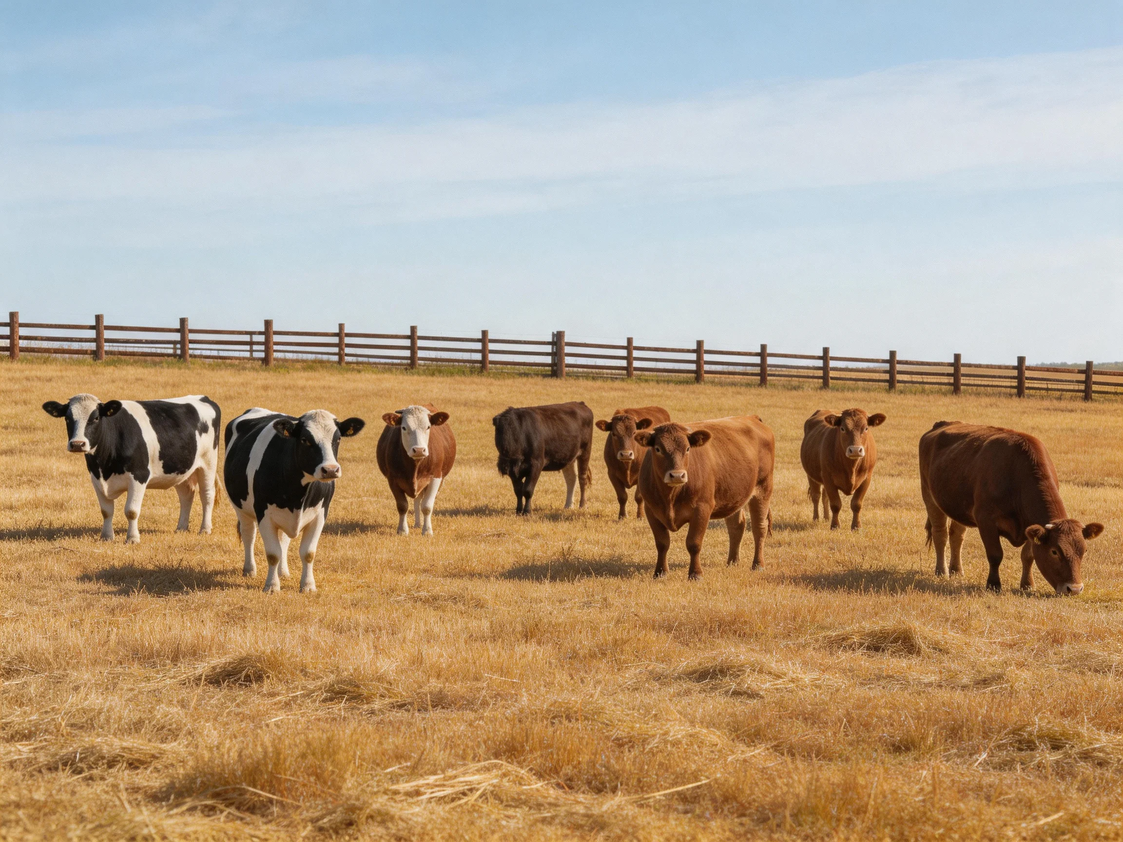 Eight cows of diverse colors graze in a golden pasture