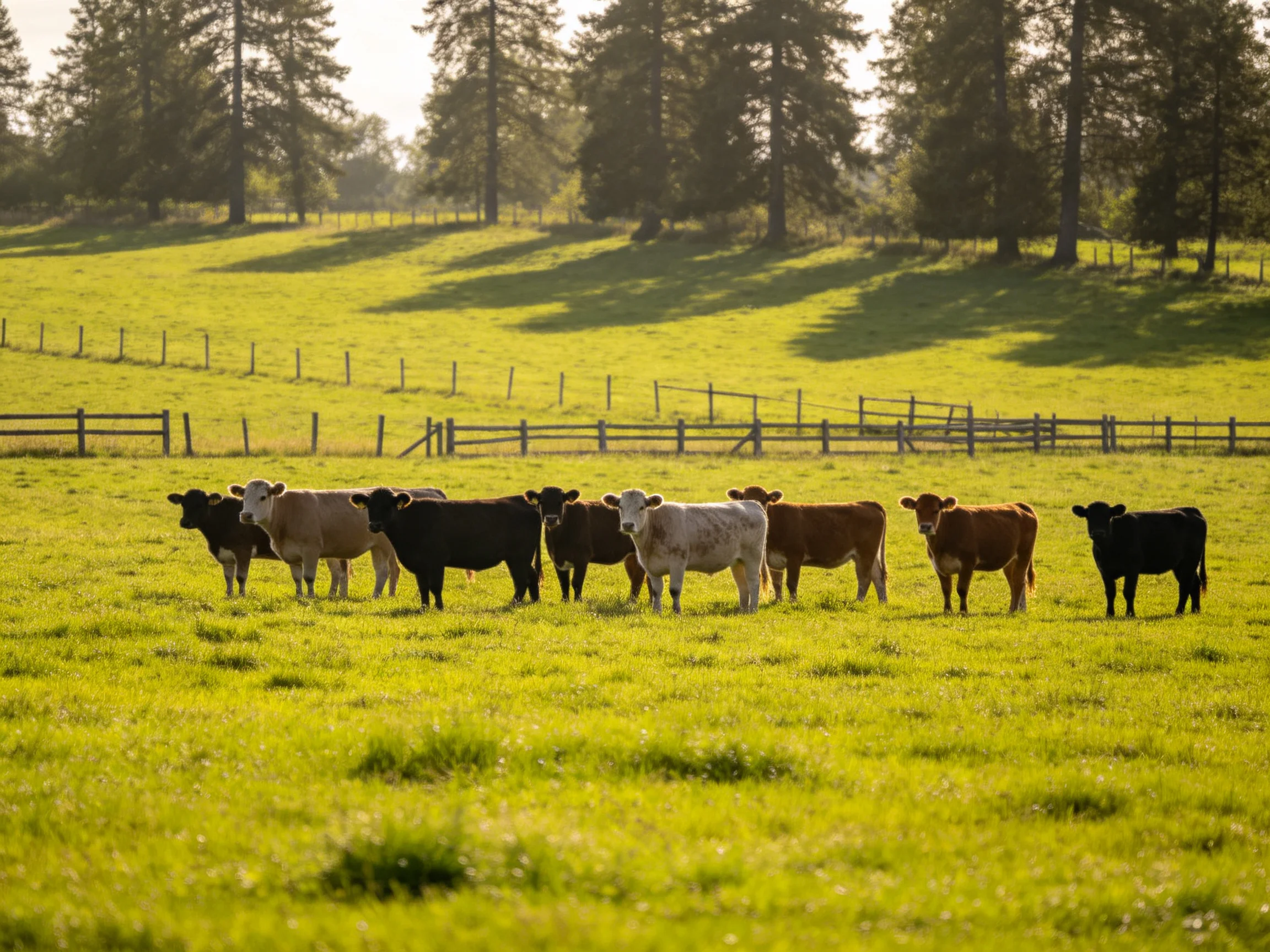 Eight cows of mixed colors graze in a sunlit green pasture