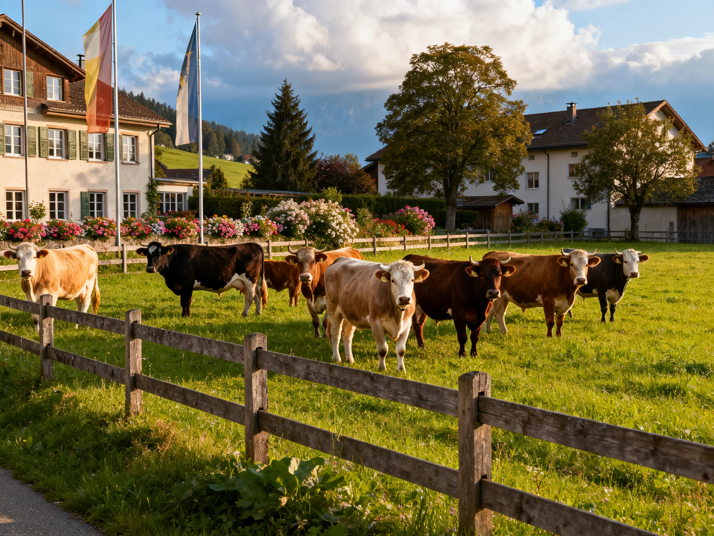 Eight cows of mixed colors graze near wooden fences and homes