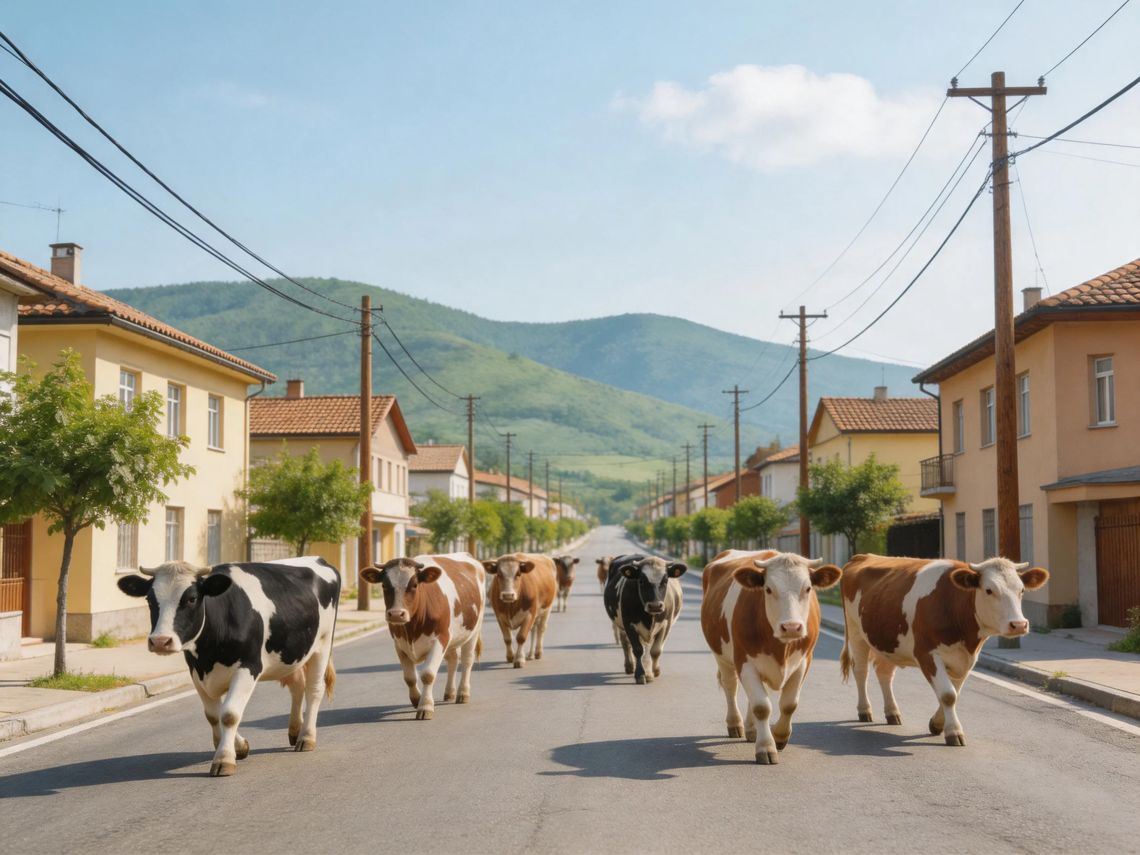 Eight cows of mixed colors walk down a village street