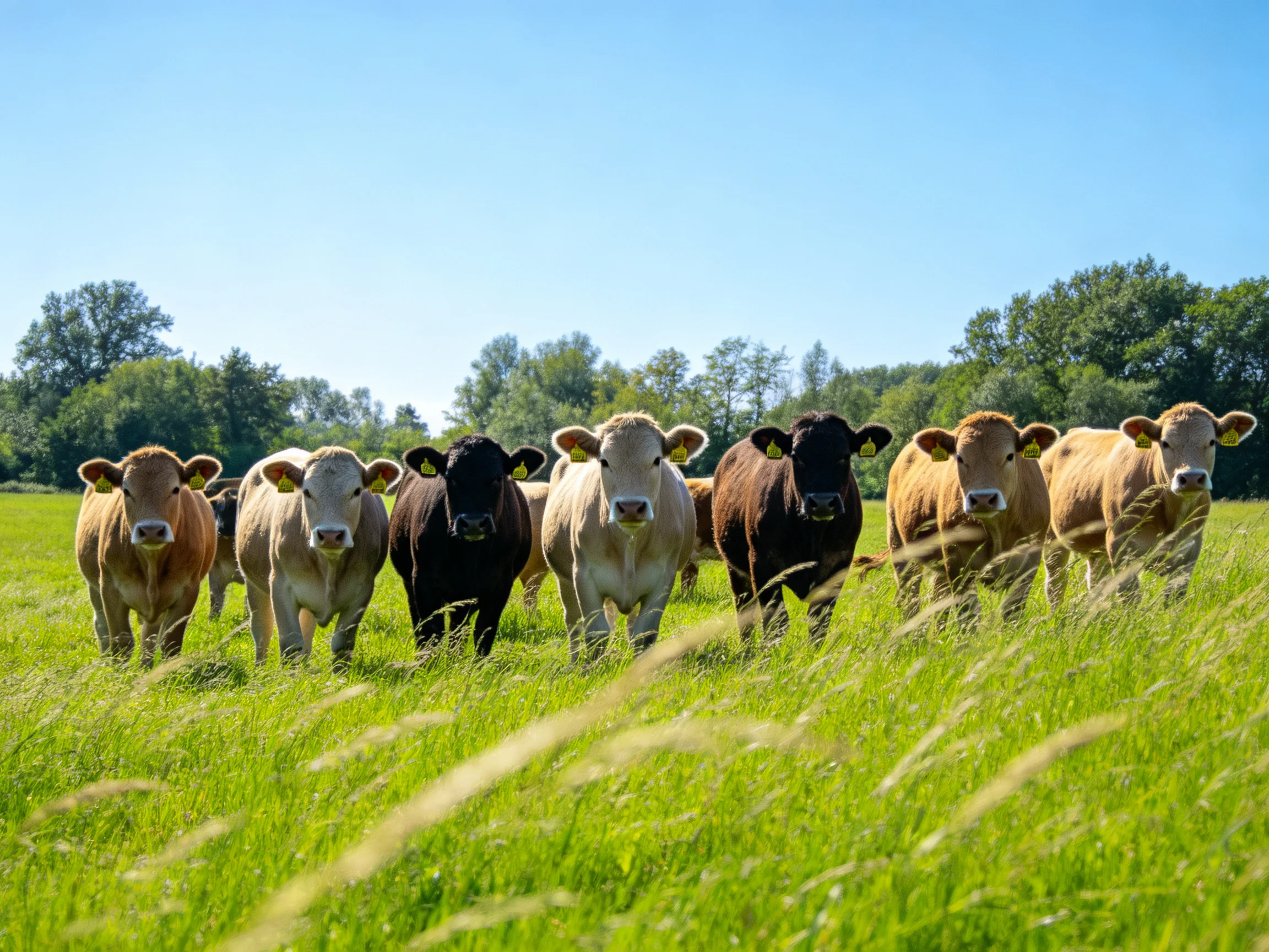 Eight cows of varied colors graze in a lush green pasture