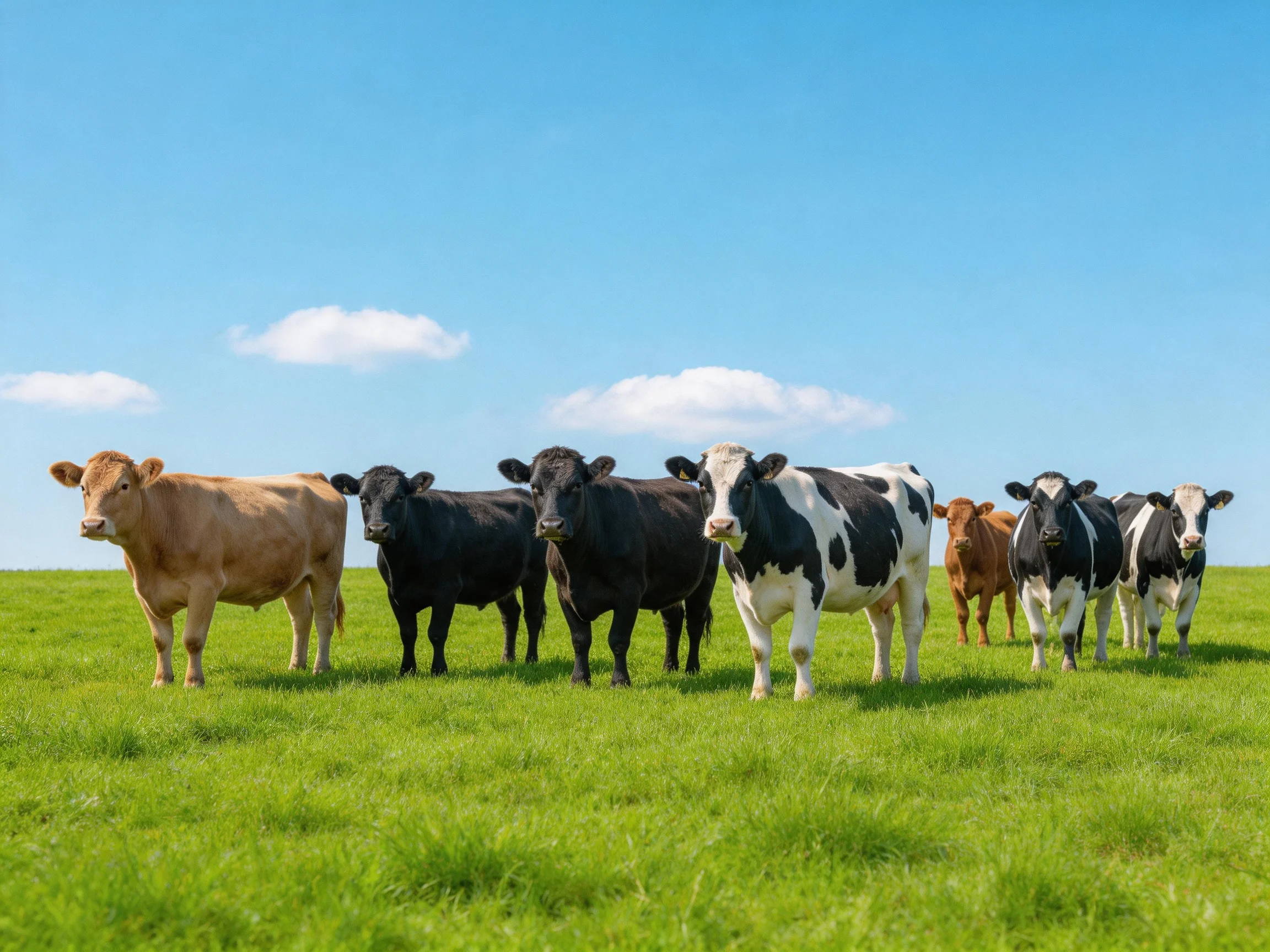 Eight cows of varied colors graze in a lush green pasture under clear blue sky