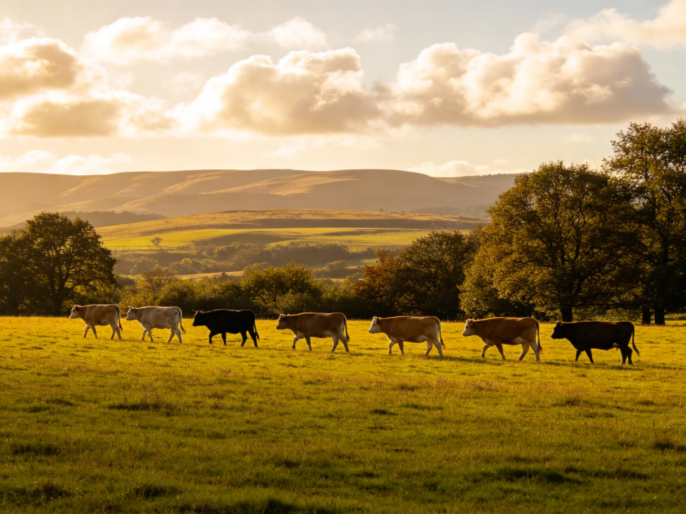 Eight cows of varied colors traverse a sunlit green pasture near rolling hills