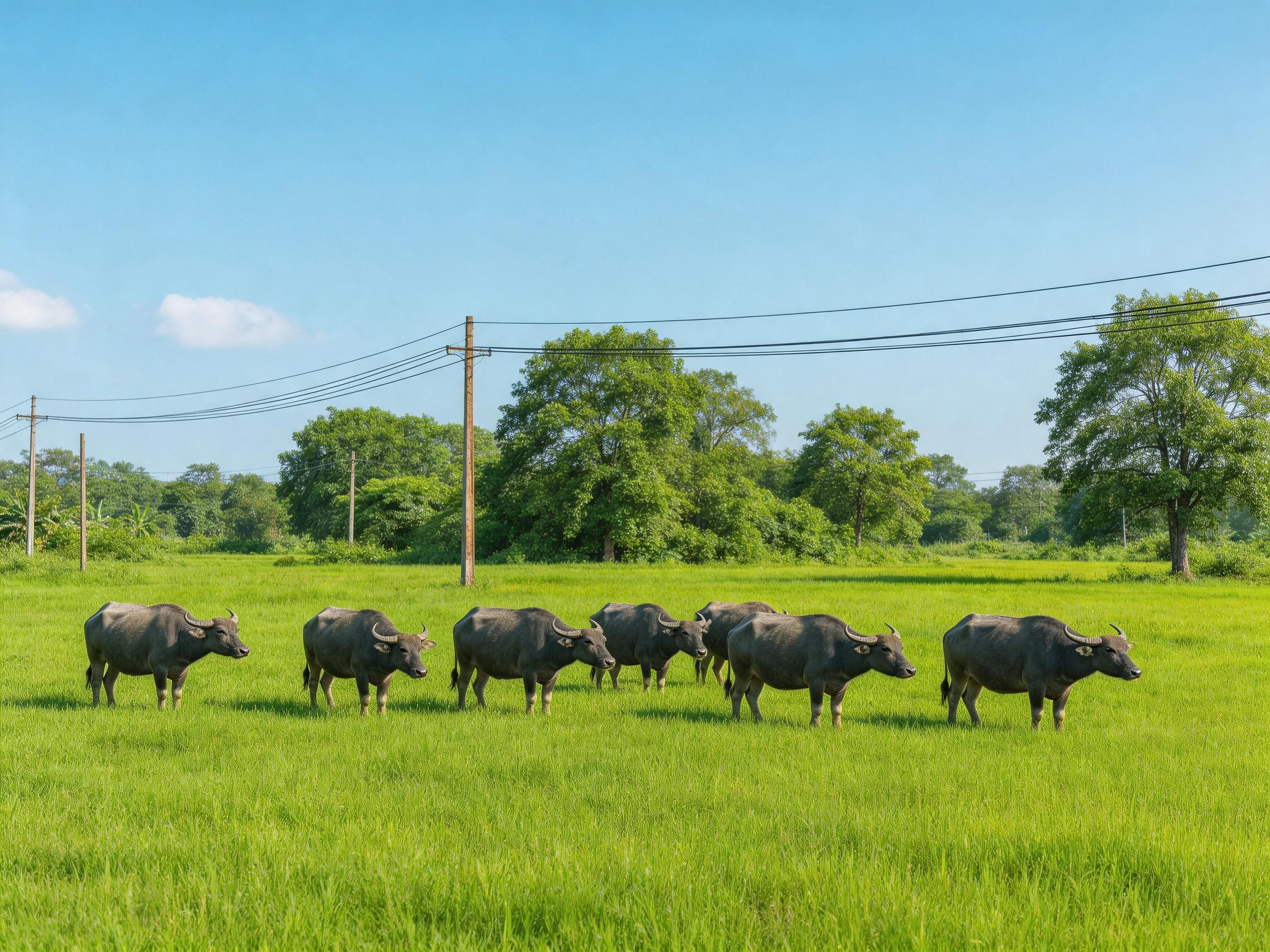 Eight gray water buffalo graze in a lush green meadow under clear blue skies