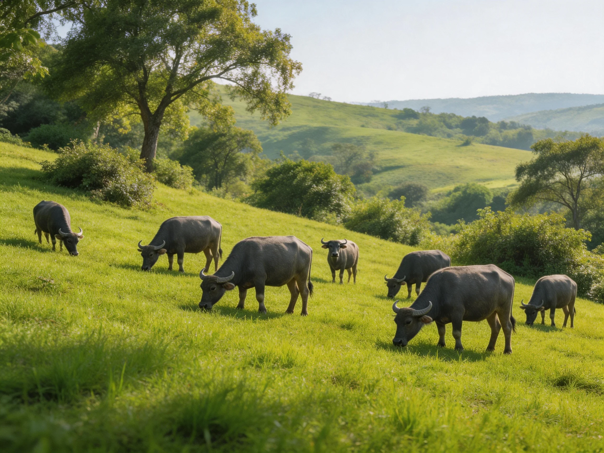Eight gray water buffalo graze on a lush green hillside