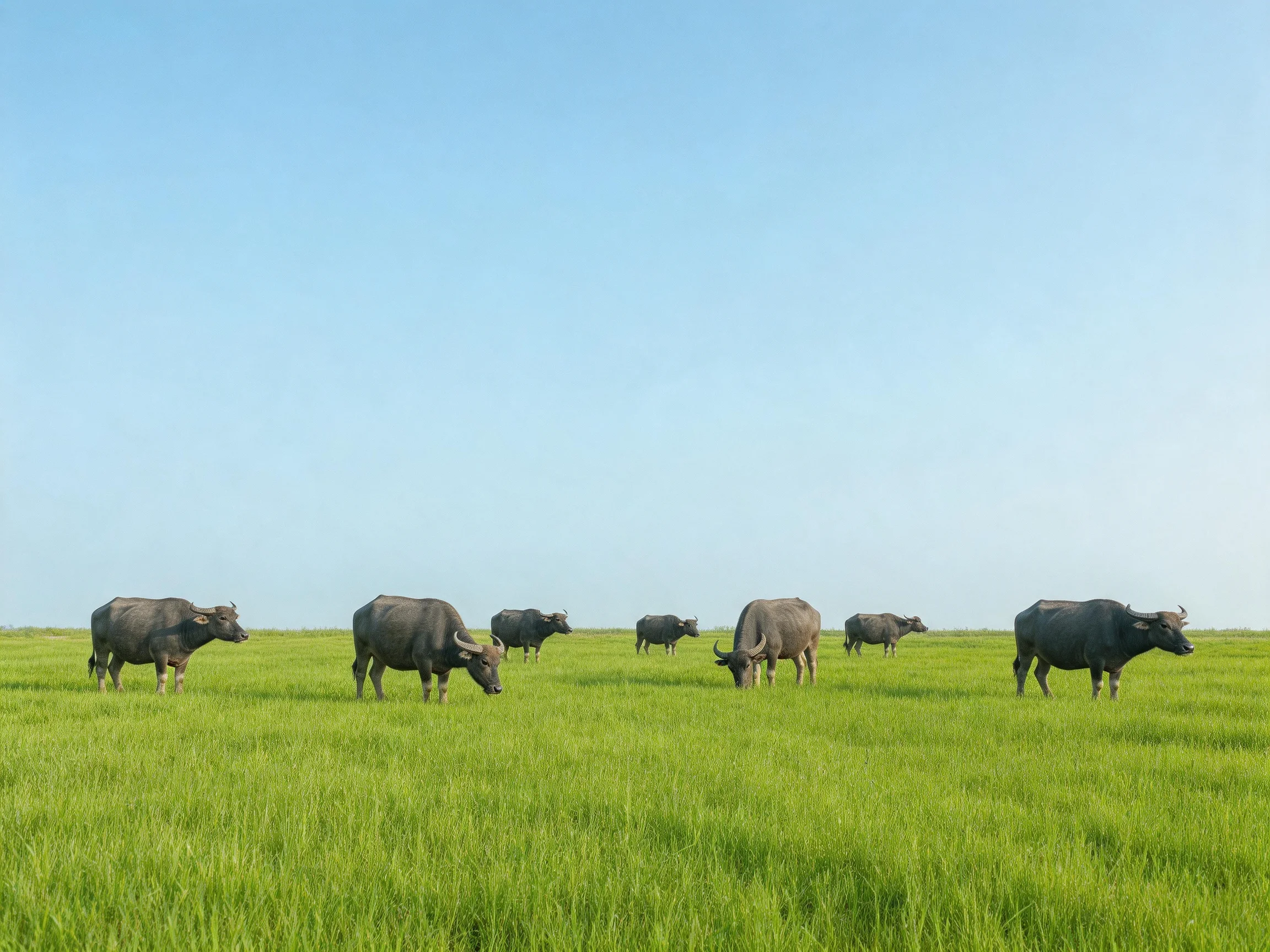 Eight gray water buffaloes graze in a lush green meadow under a clear blue sky