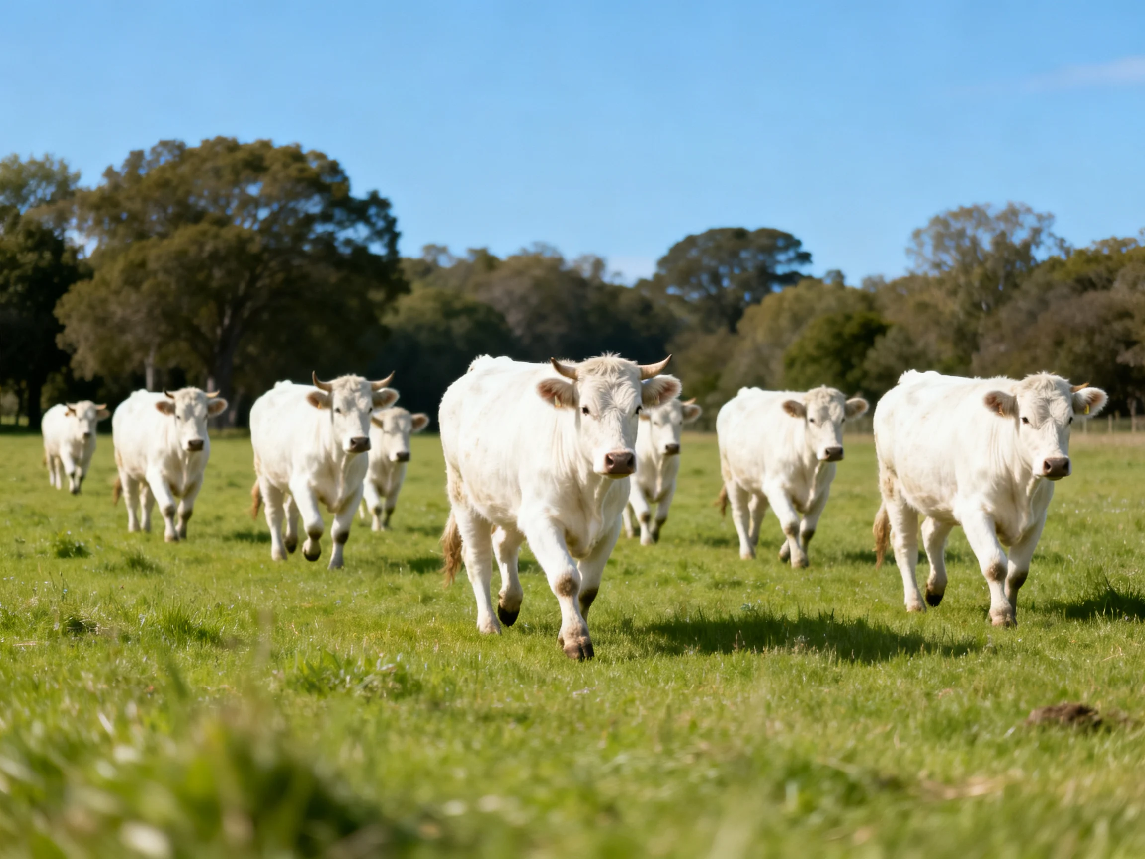 Eight white cattle running through a lush green pasture under clear blue sky