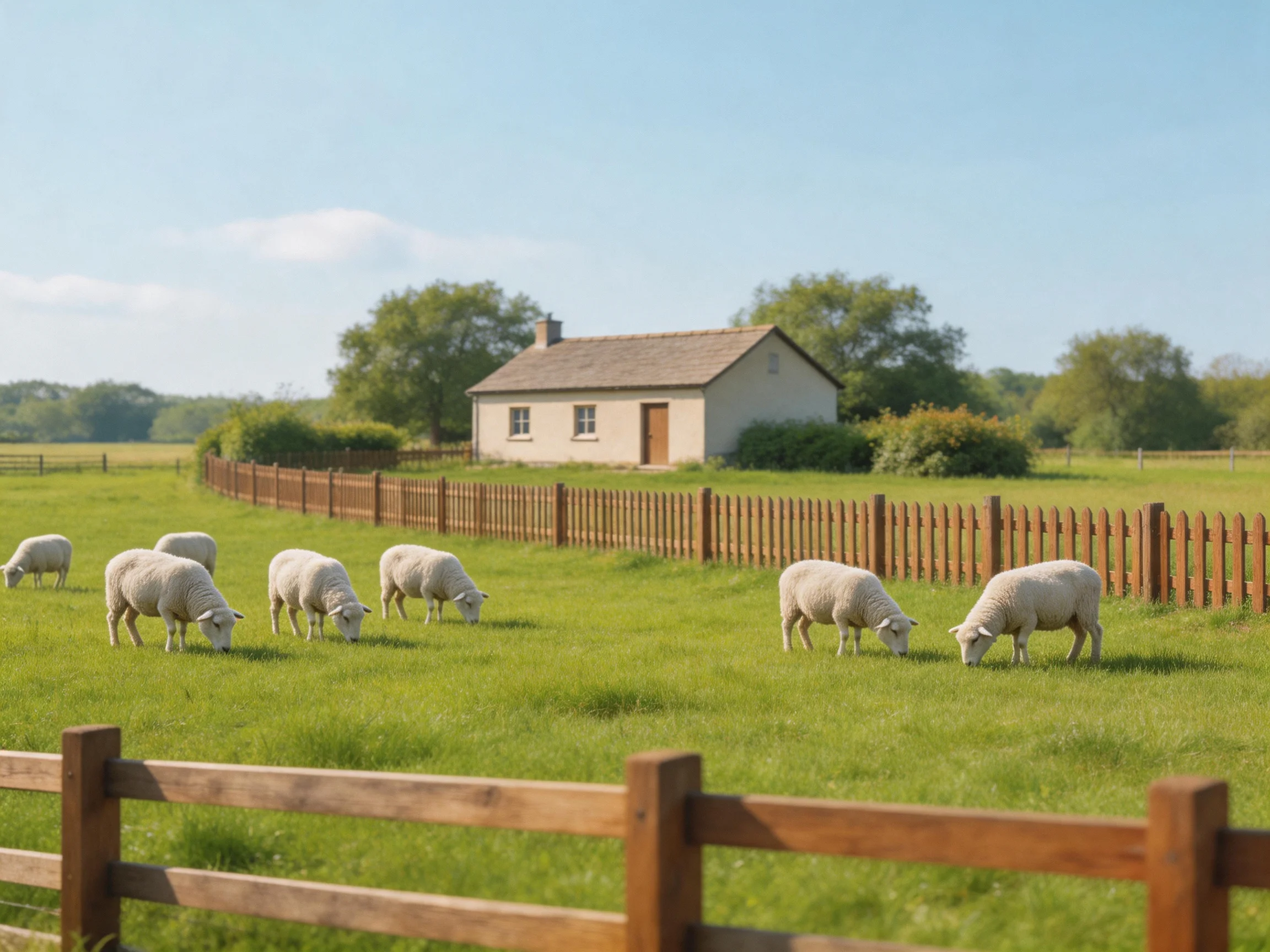 Eight white sheep graze in a lush green pasture with a beige cottage and brown fences.