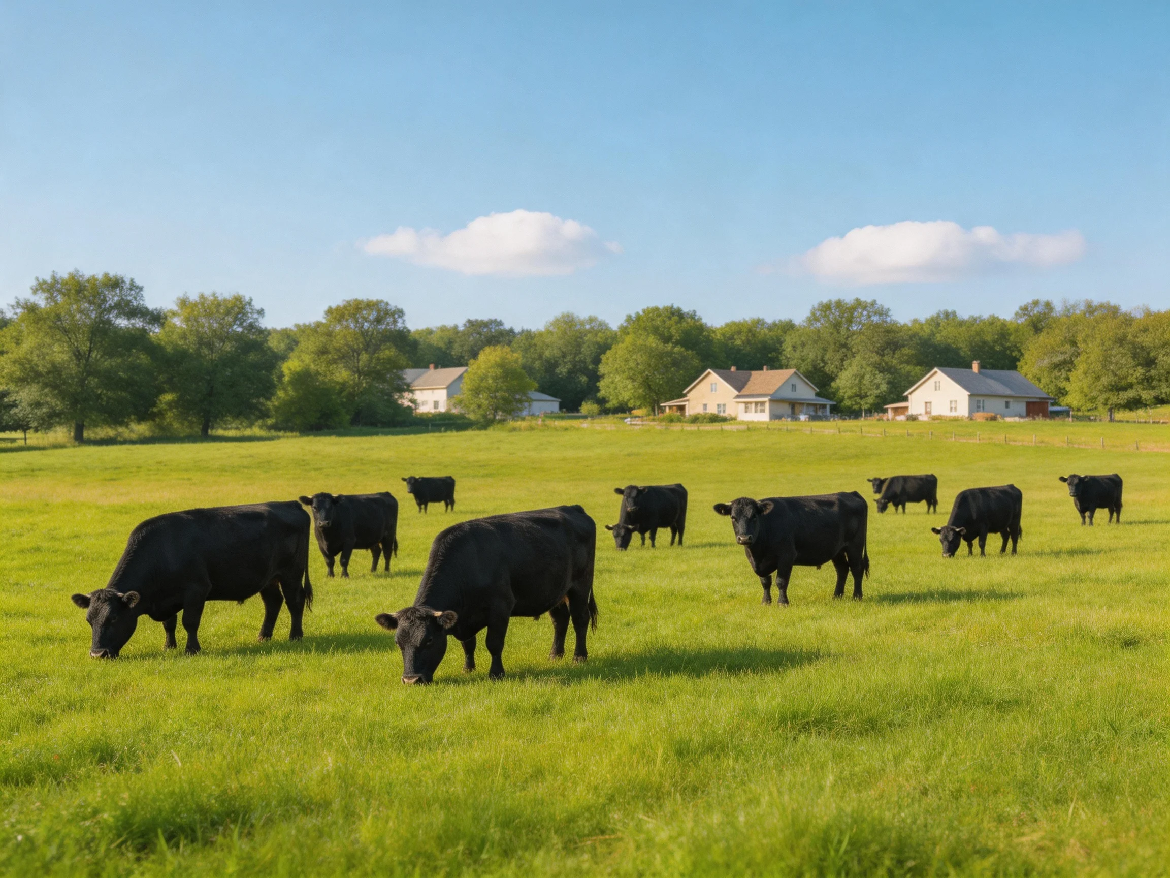 Eleven black cows graze in a lush green meadow near rural homes