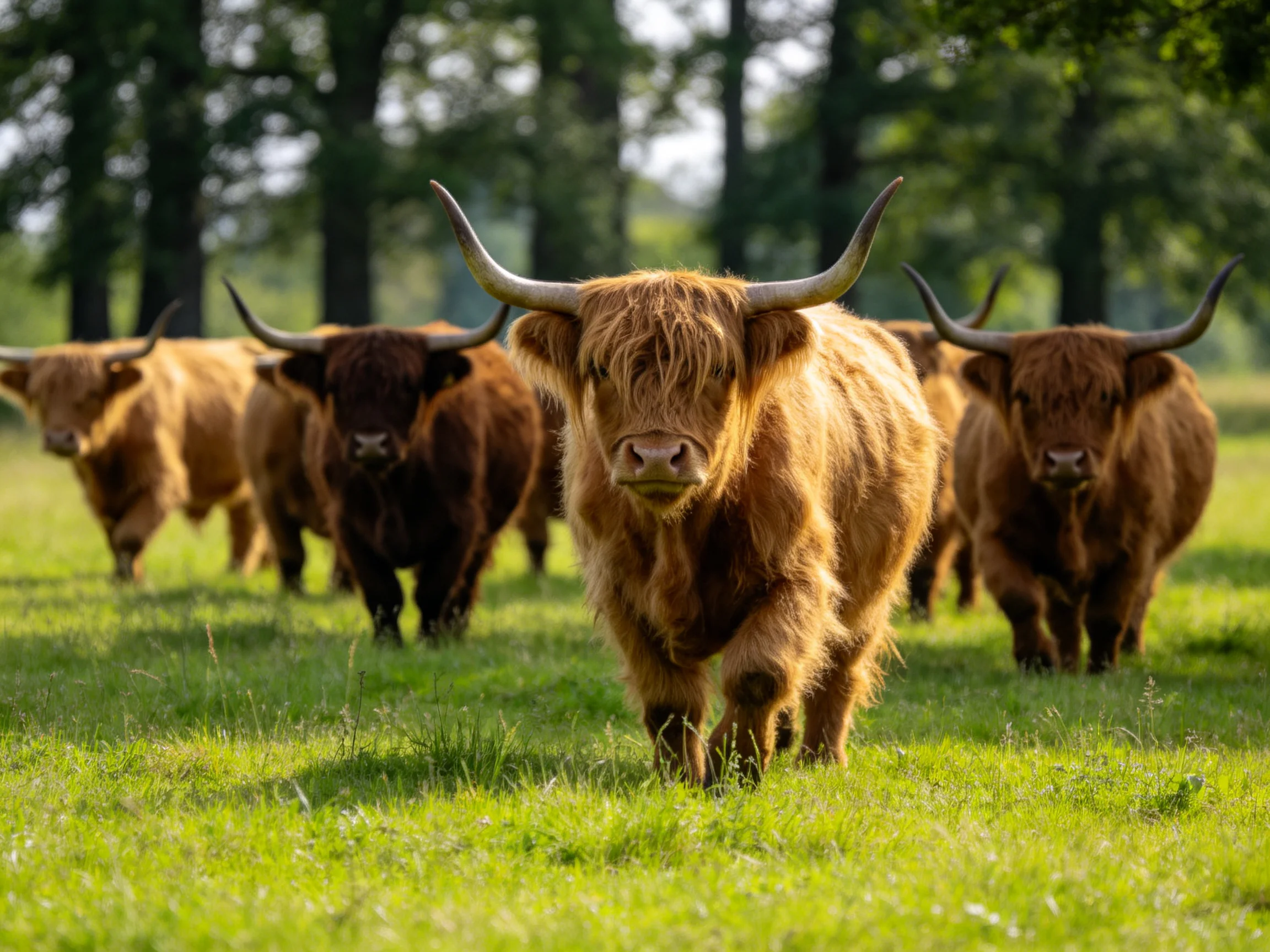 Five Highland Cattle with Long Horns Roam a Lush Green Field