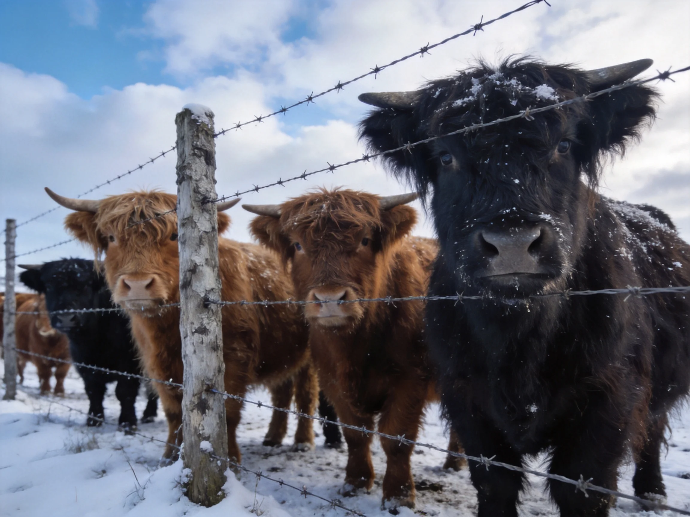 Five Highland cattle, black and brown, near a barbed wire fence in a snowy field