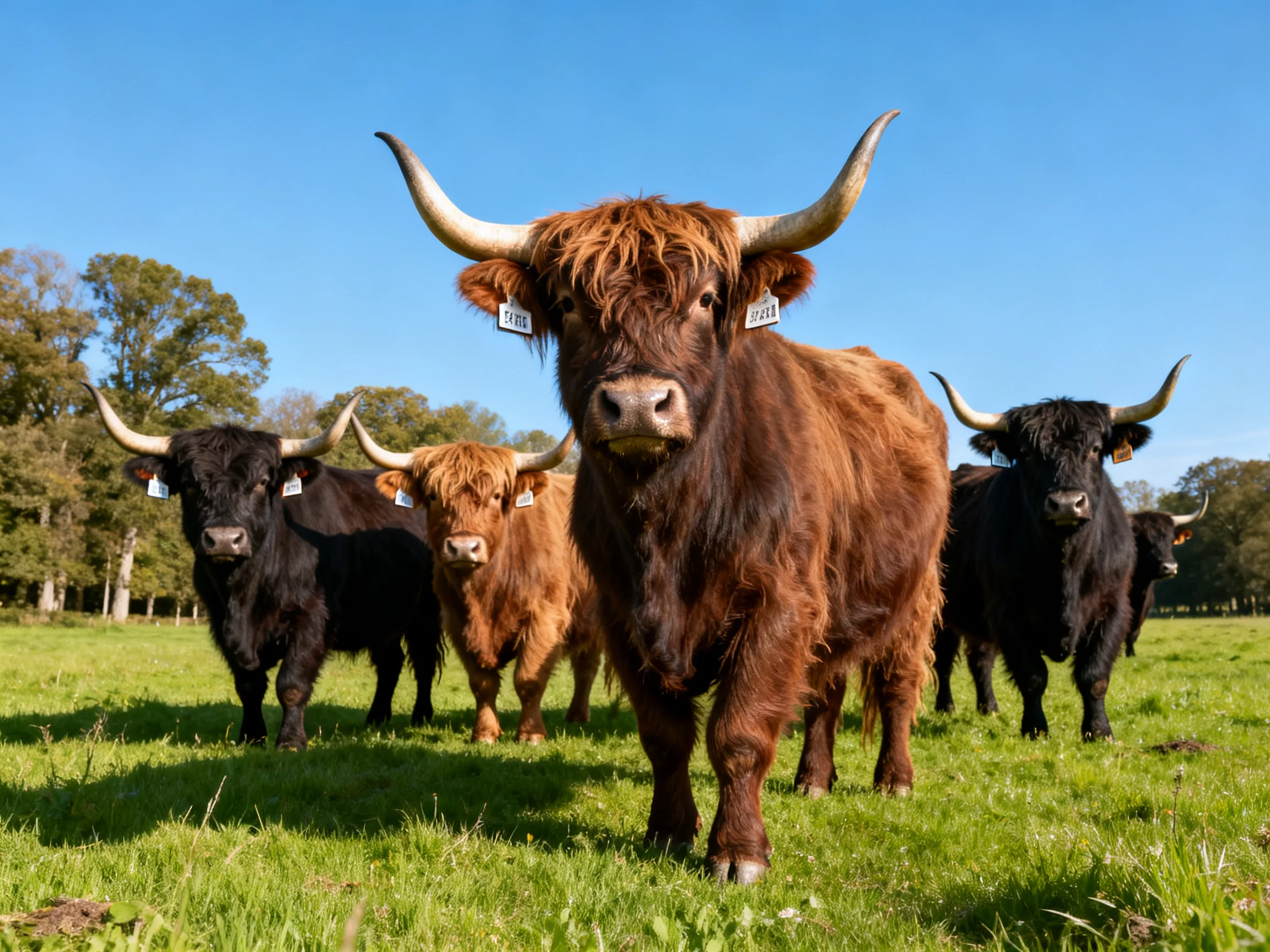 A group of Highland cattle gathers in a sunlit green pasture under a clear blue sky.