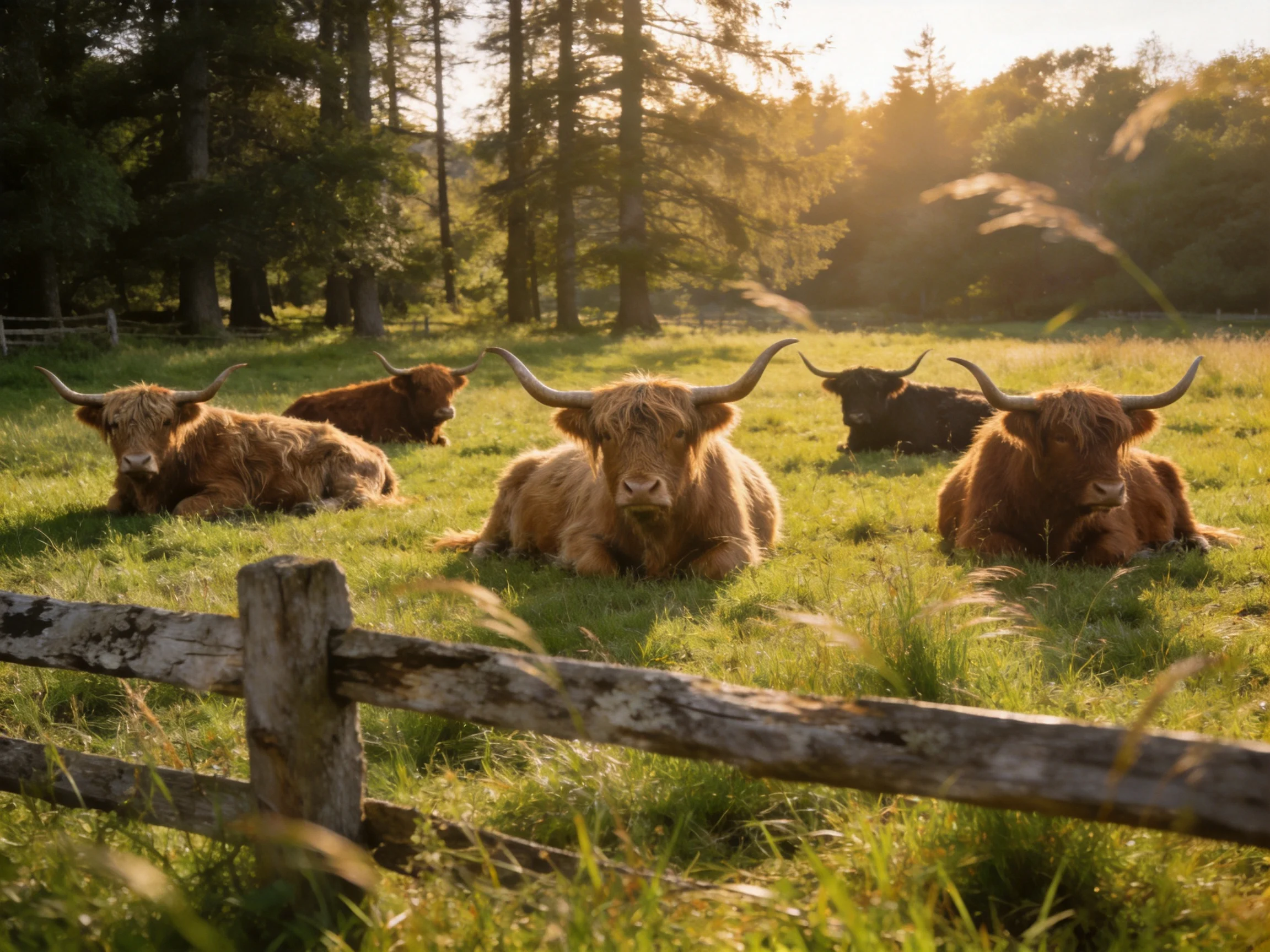 Five Highland cattle rest in a sunlit meadow near a weathered fence