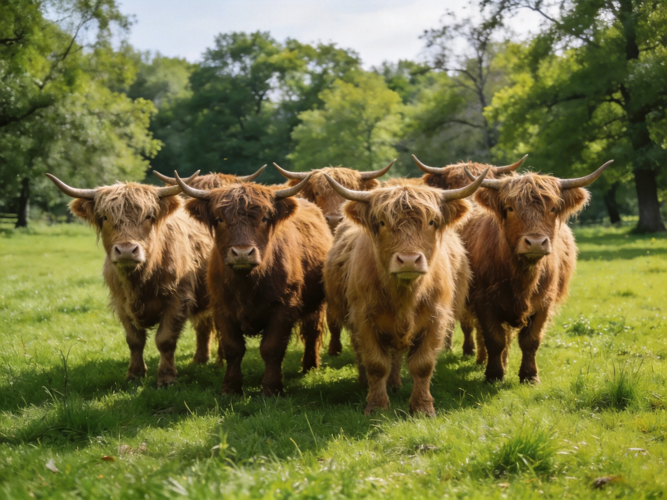 Five Highland cattle with shaggy brown coats gather in a lush green meadow