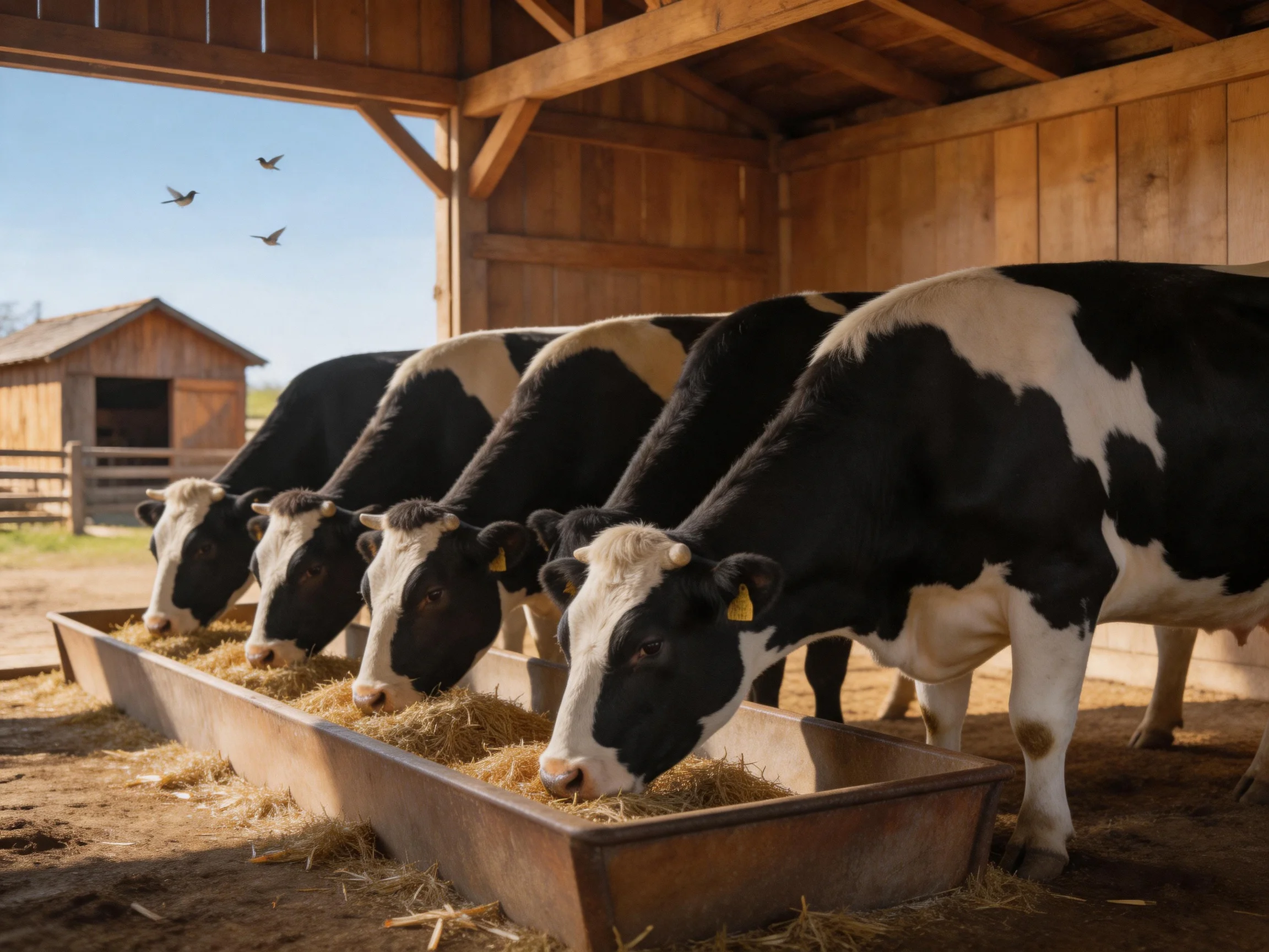 Five black and white cows eat hay in a rustic wooden barn