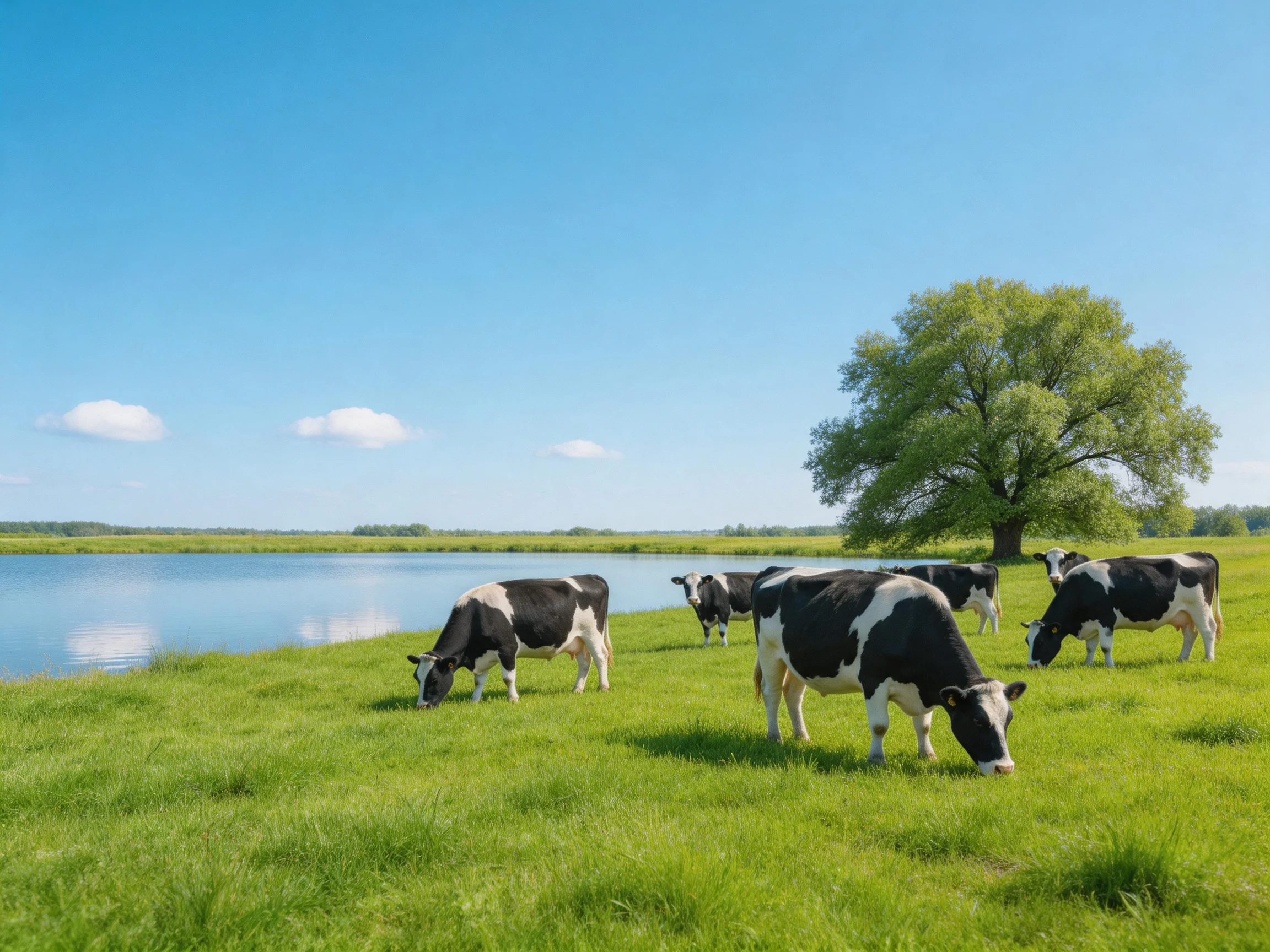 Five black-and-white cows graze by a calm river near a large tree