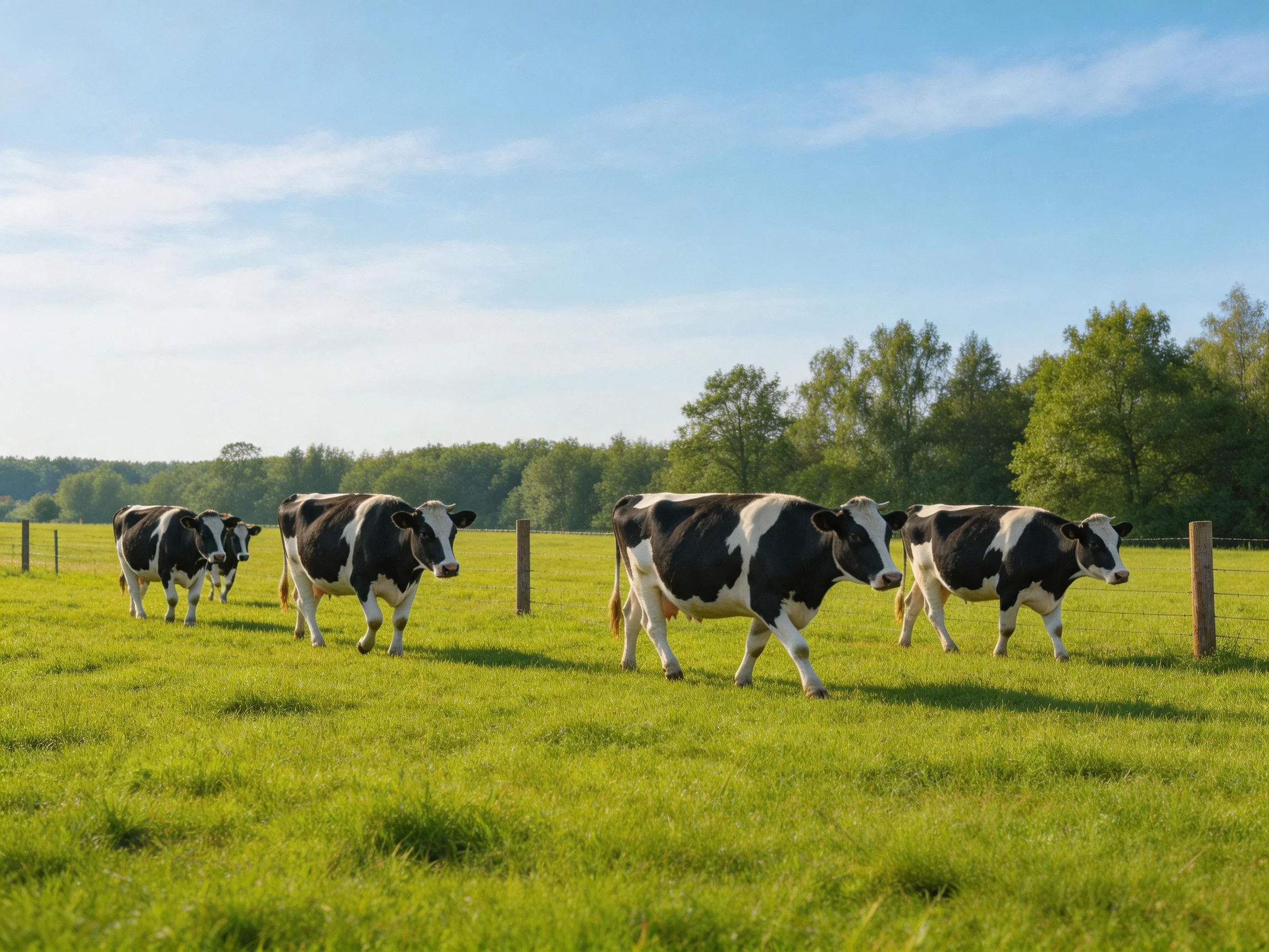 Five black-and-white cows graze in a lush green pasture under bright blue skies.