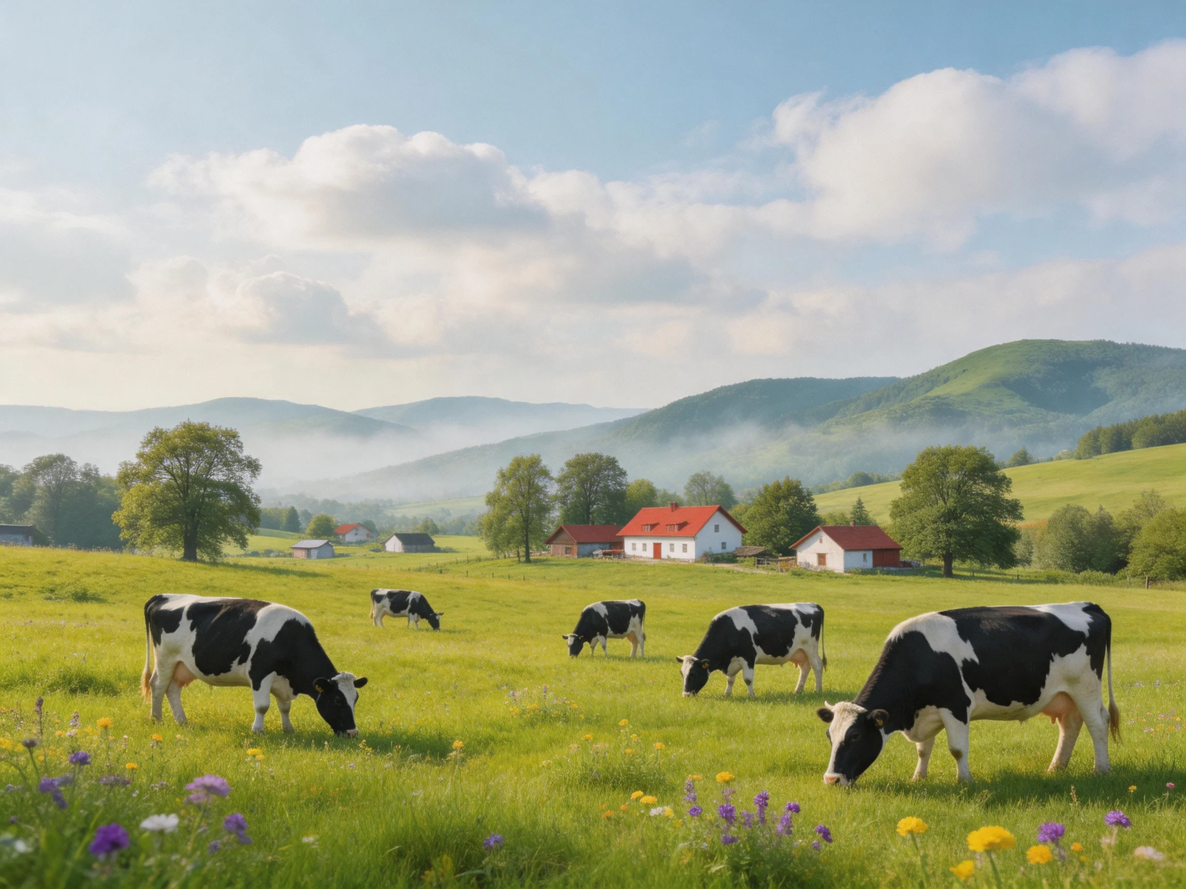 Five black-and-white cows graze in a lush meadow near red-roofed farmhouses