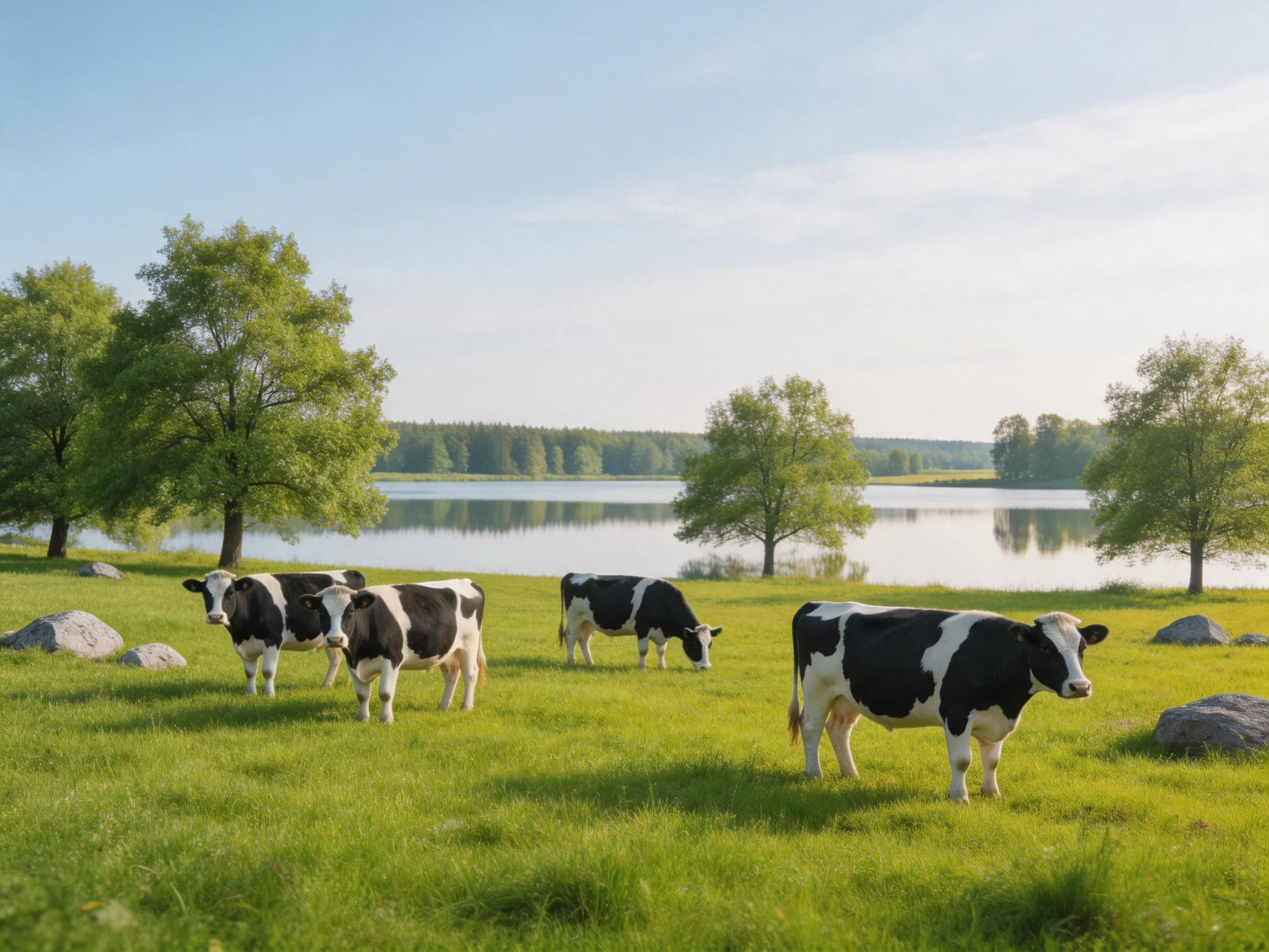 Five black-and-white cows graze in a verdant meadow by a tranquil lake