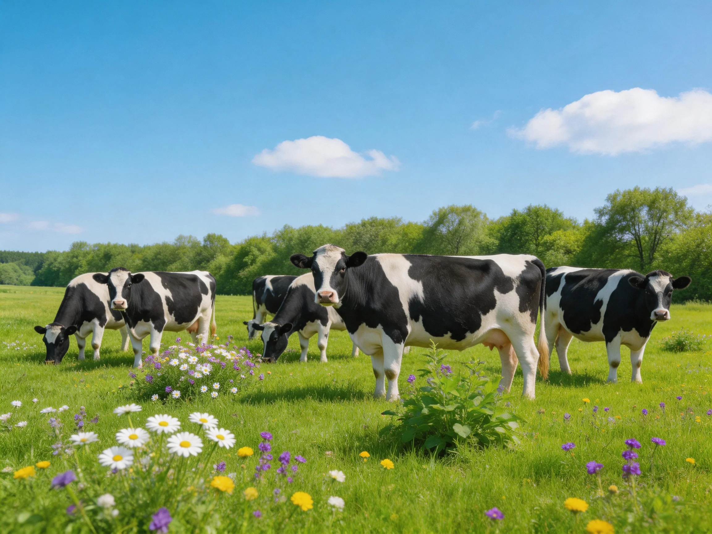 Five black-and-white cows graze in a vibrant flower-filled meadow