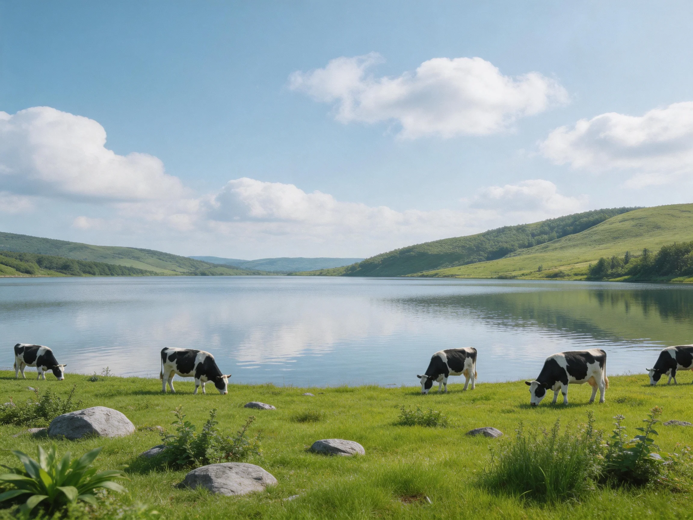 Five black-and-white cows graze near a calm blue lake with green hills