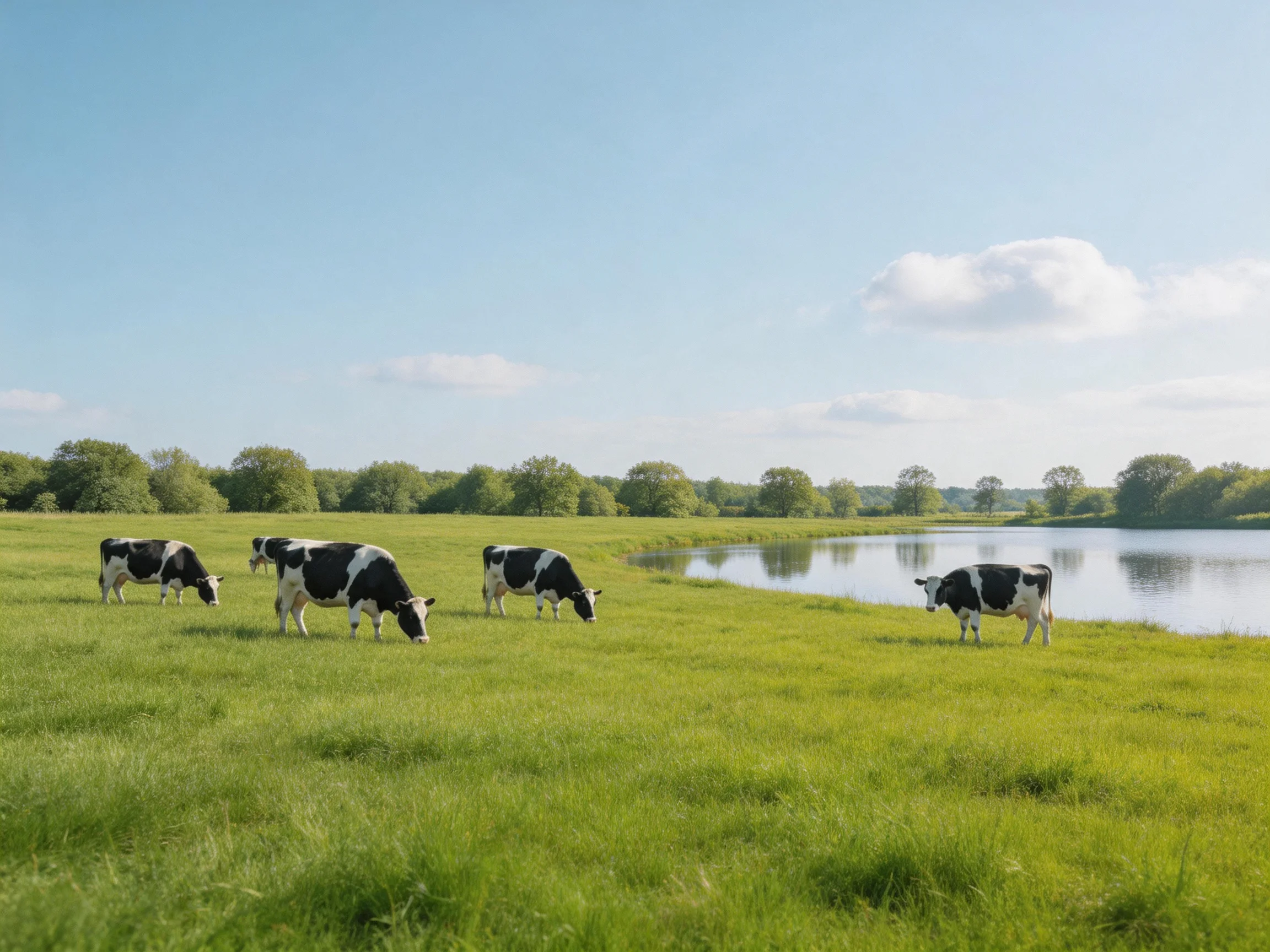 Five black-and-white cows graze near a calm river in a lush meadow