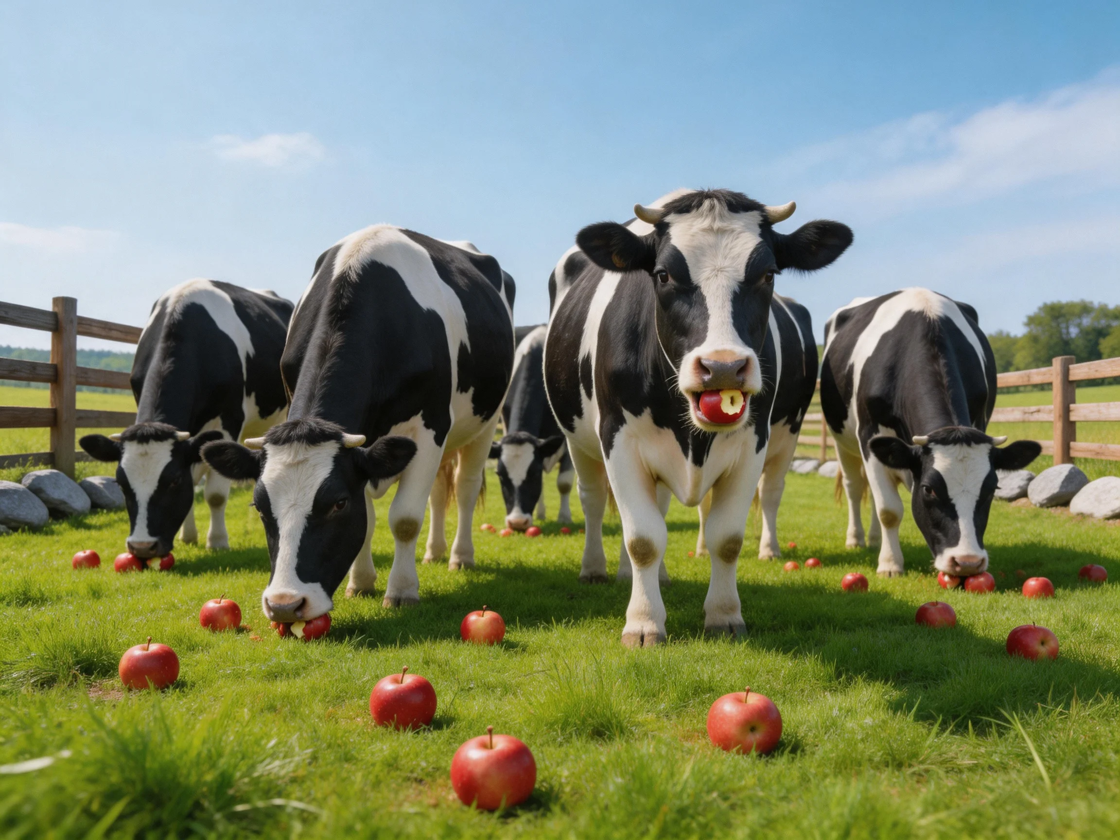 Five black-and-white cows grazing among red apples in a sunny pasture