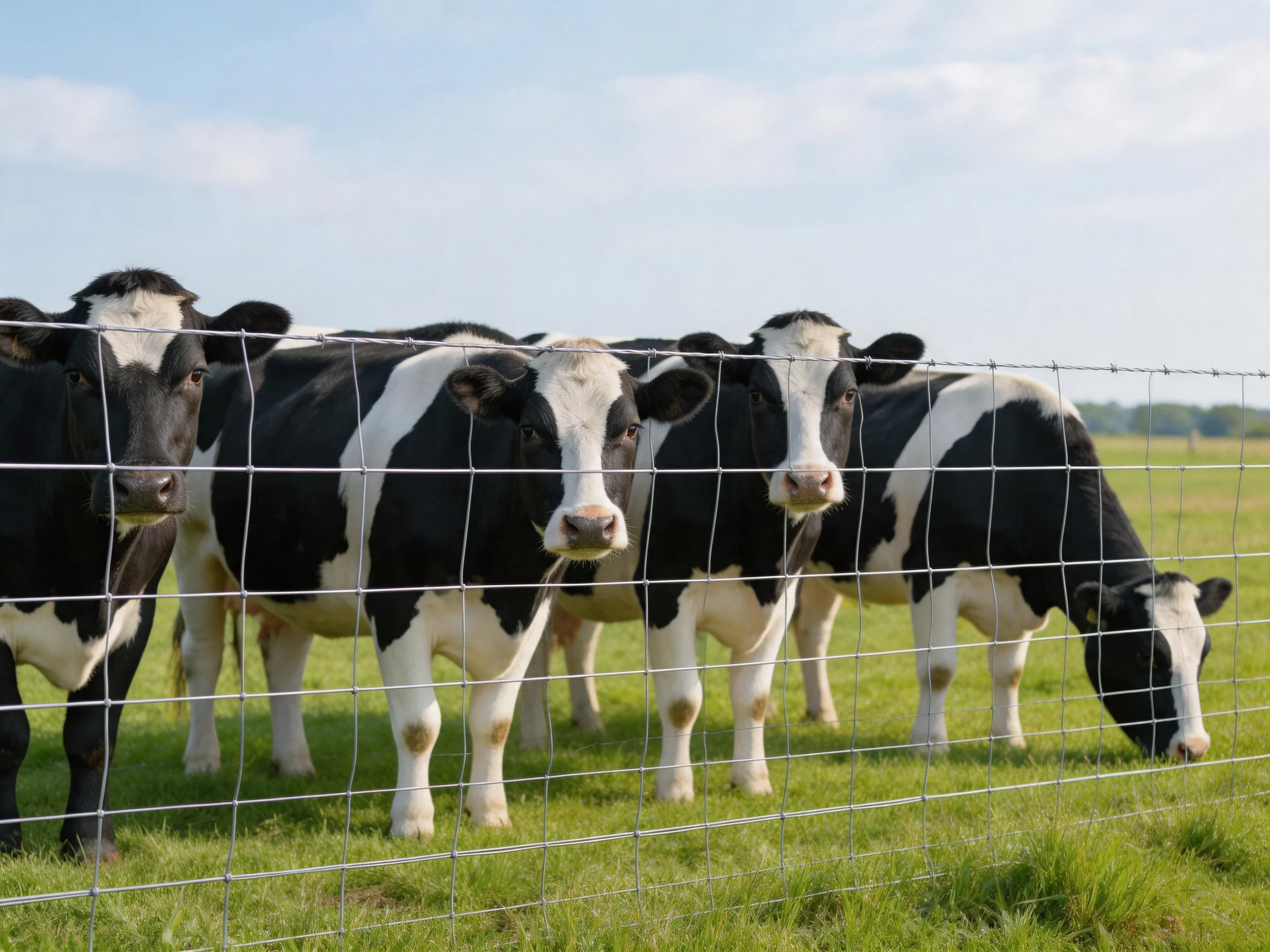 Five black-and-white cows gather by a wire fence in a sunlit pasture