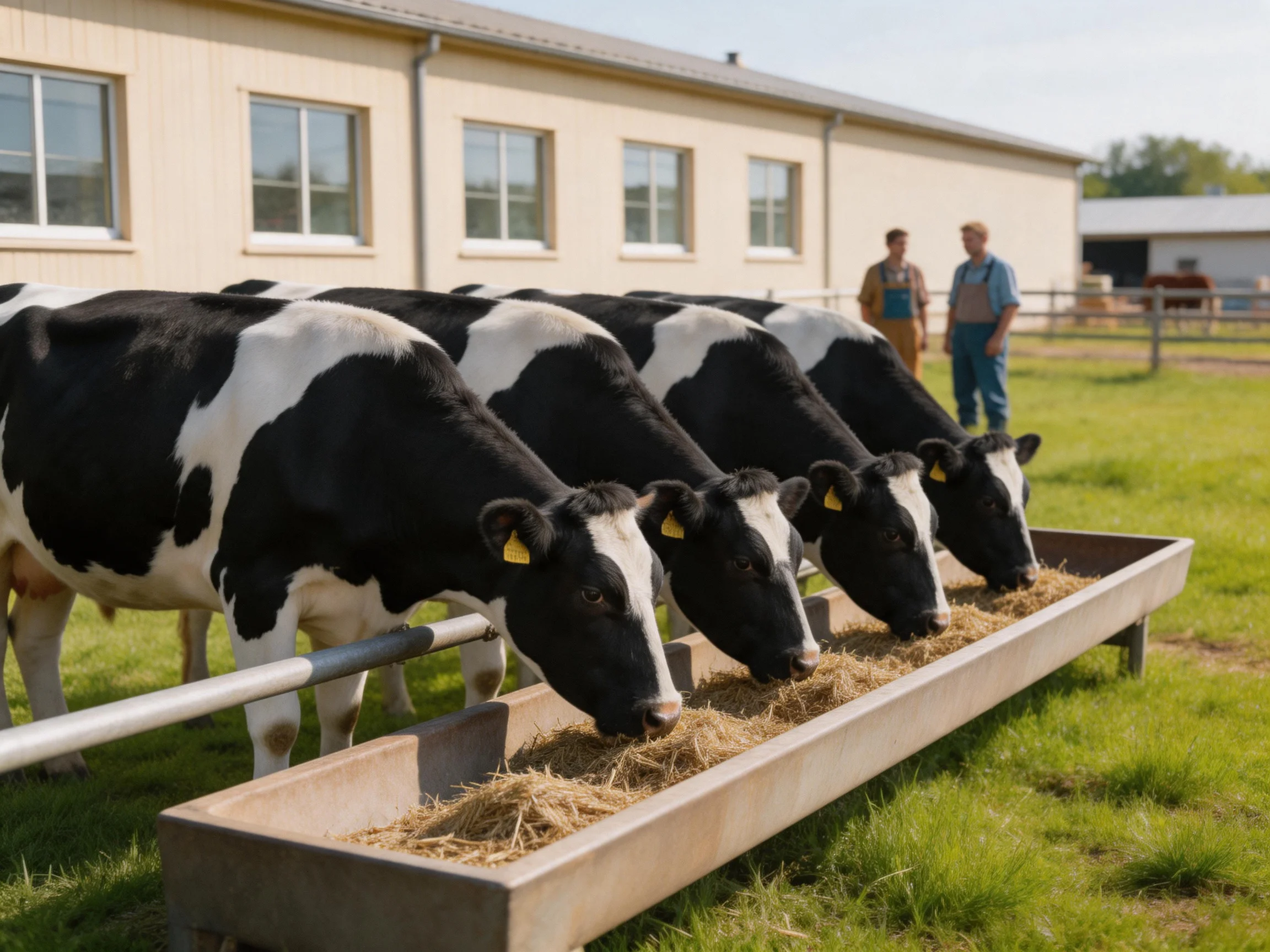 Five black-and-white dairy cows eat hay near a beige barn with two farmers