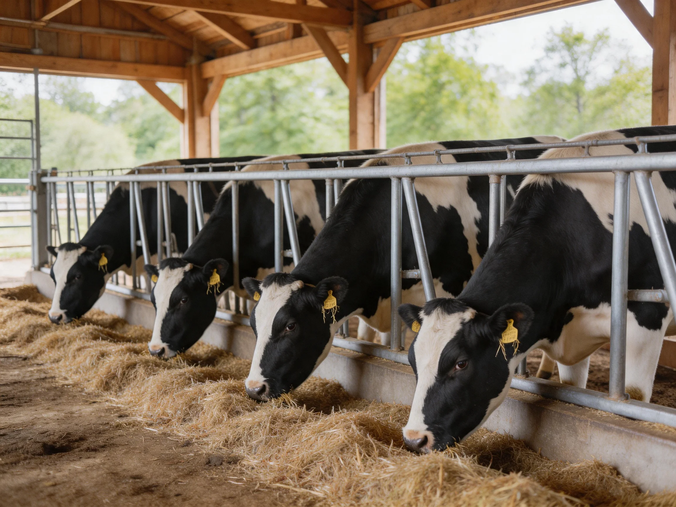 Five black and white dairy cows feeding from a trough in a wooden shelter