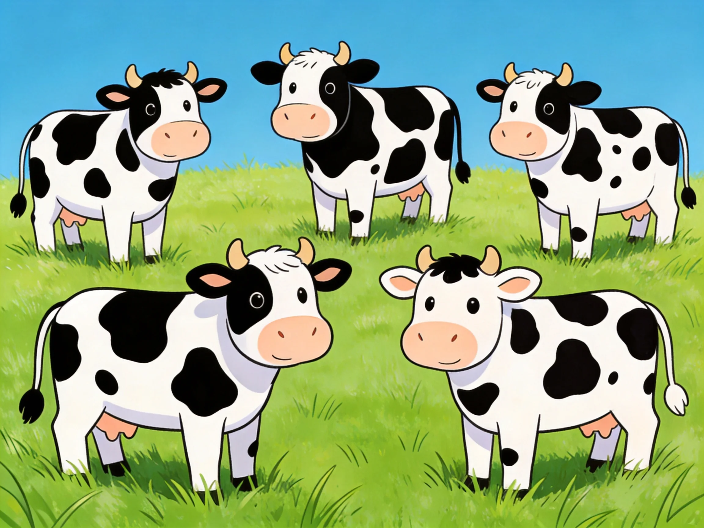 Five black-and-white spotted cows stand on a lush green meadow under a clear blue sky