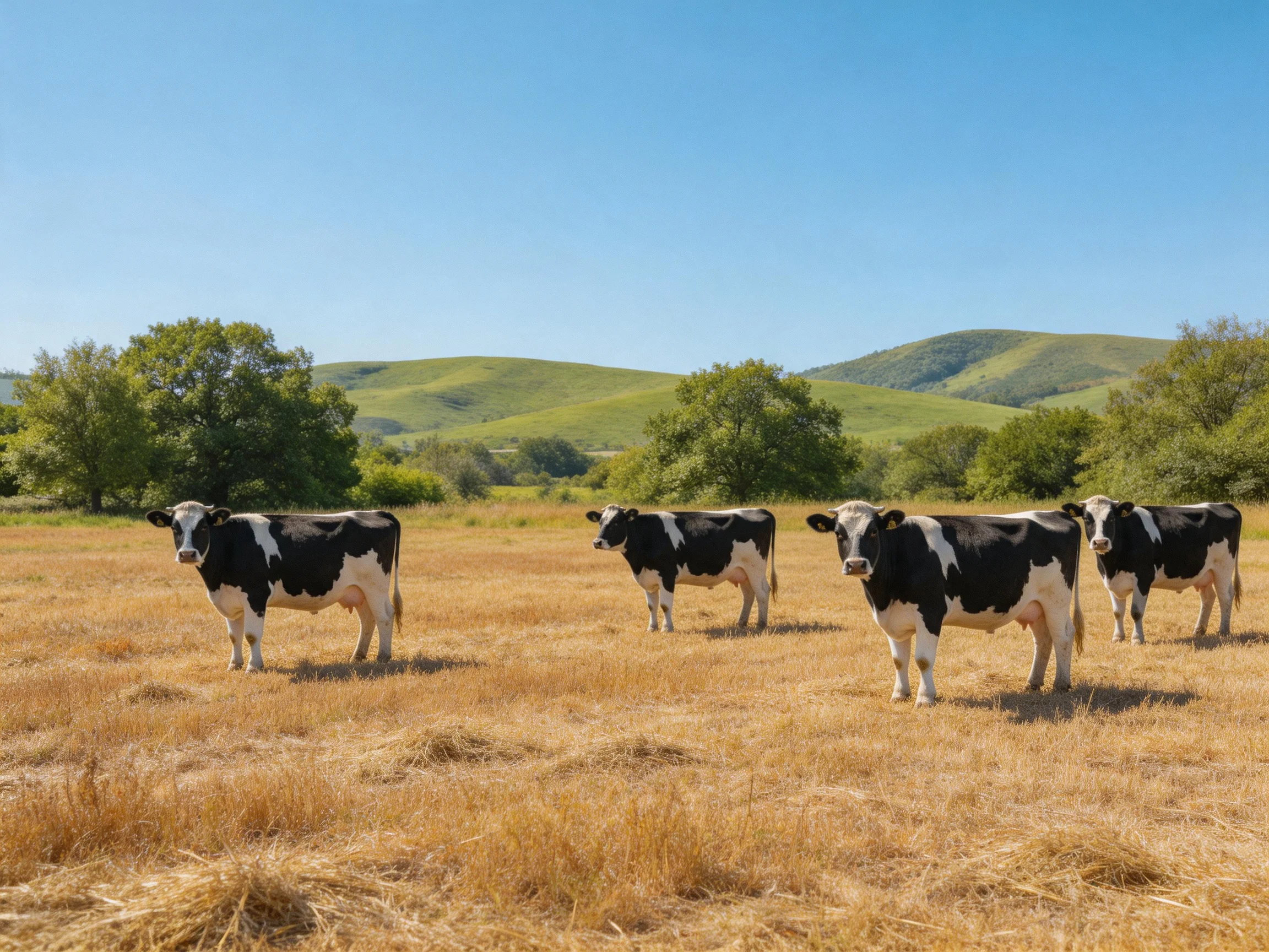 Five black - white cows graze in a golden field near rolling green hills