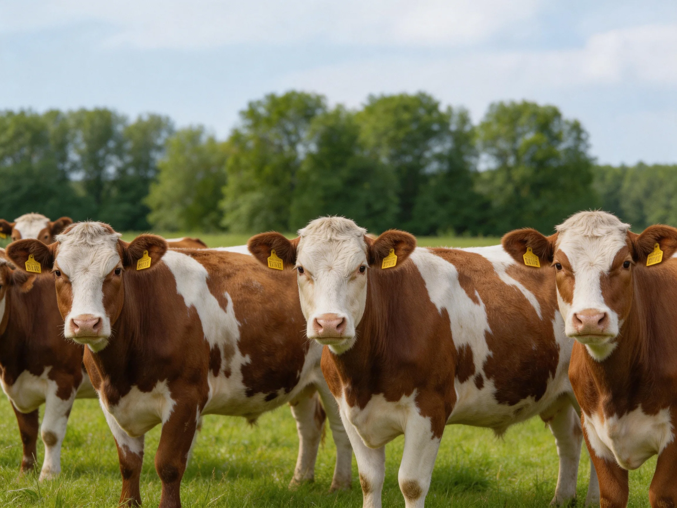 Five brown and white cattle gather in a verdant pasture near trees