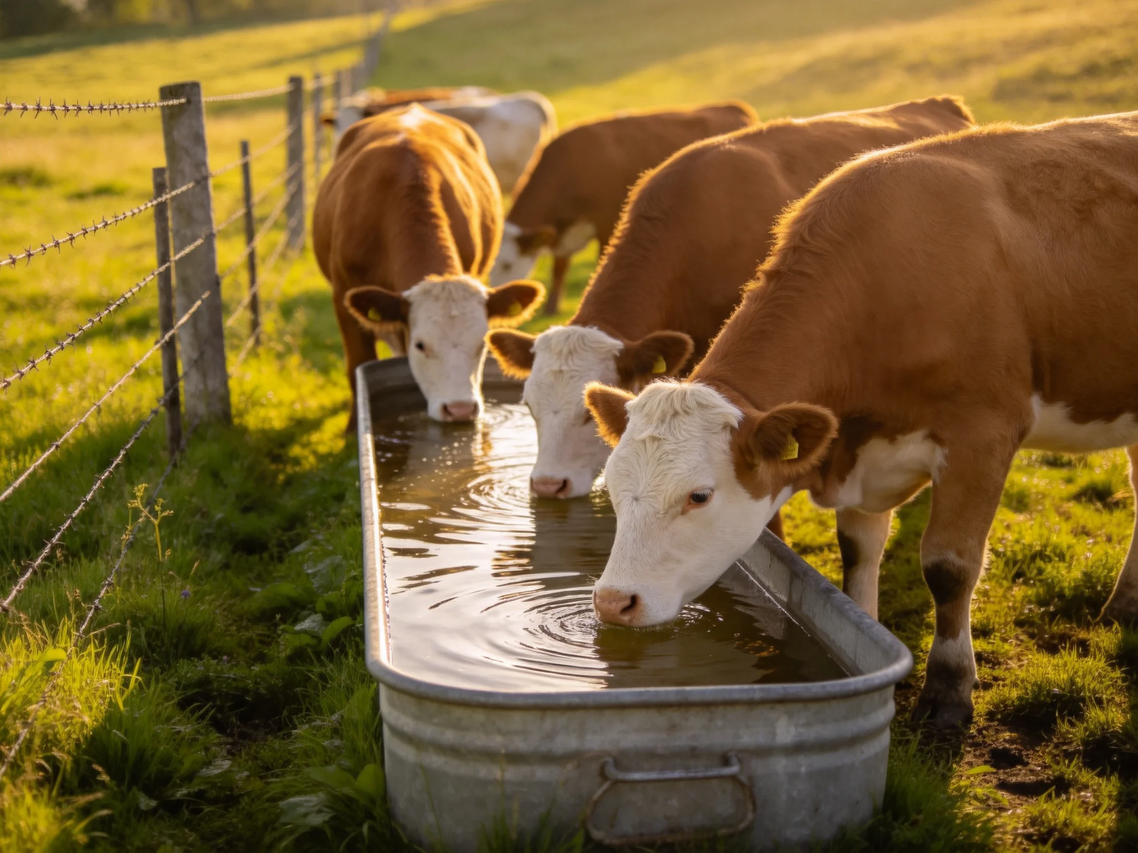 Five brown-and-white cows drink from a galvanized trough in a sunlit pasture.