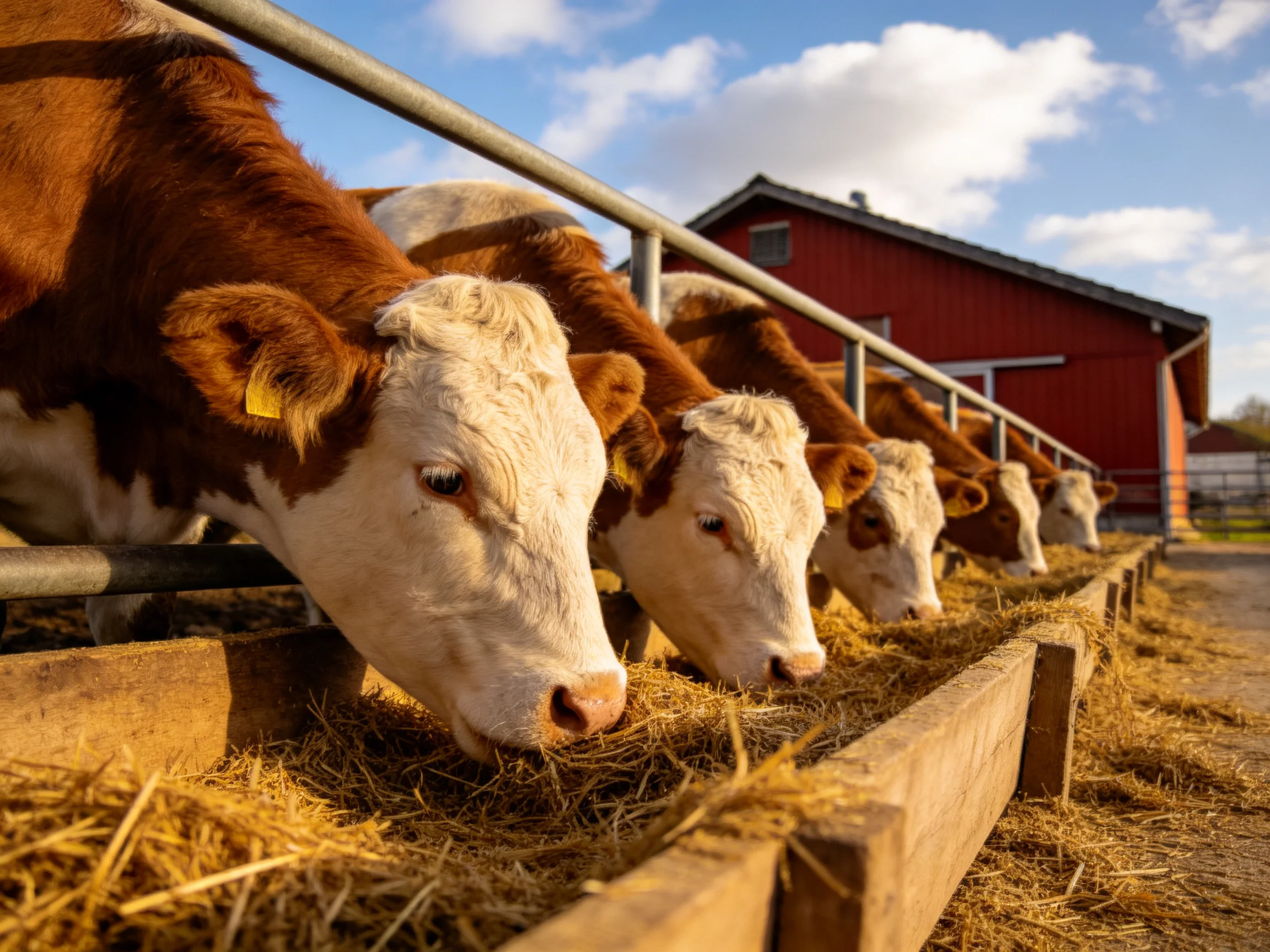 Five brown-and-white cows eat hay from a wooden trough near a red barn
